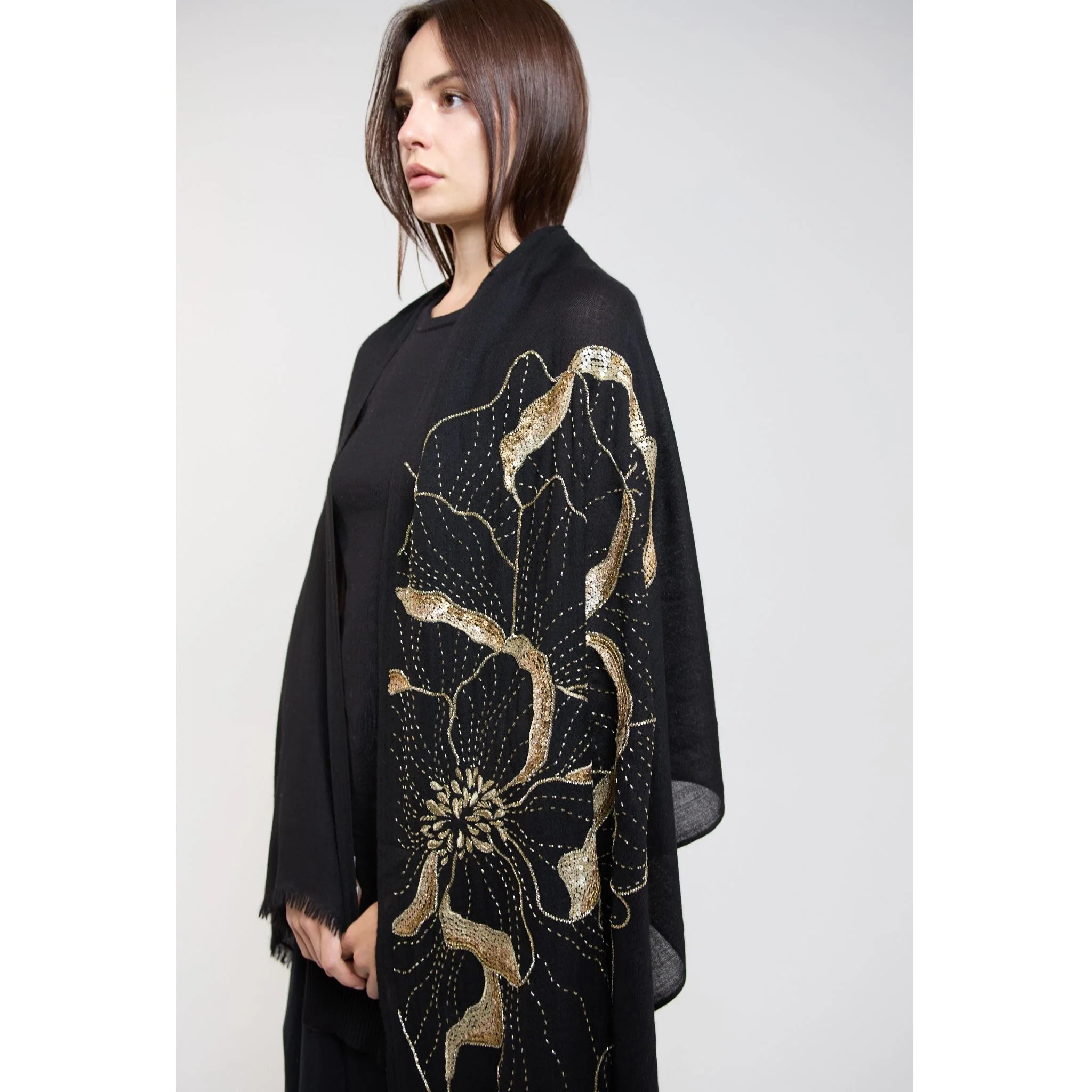 Black Blythe Flower Embroidered Stole - Image 4