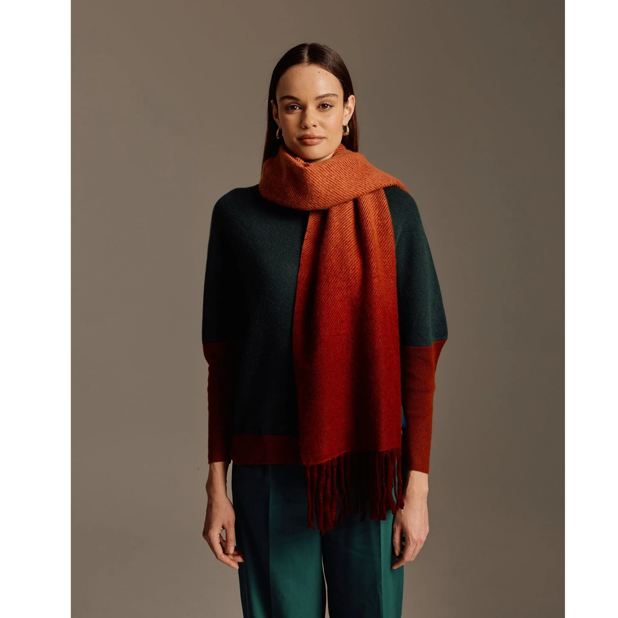 Standard length of Fringed Ombre Scarf with wine and rust color - Image 2
