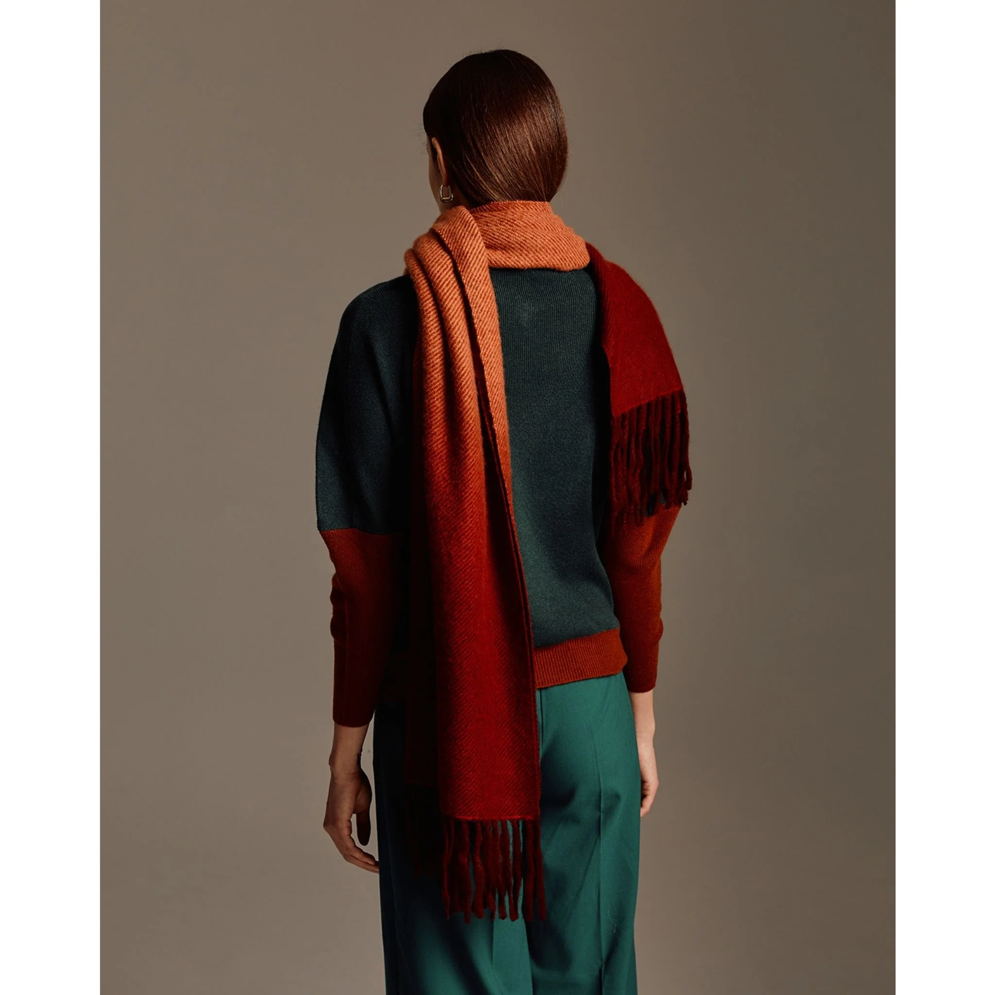 Standard length of Fringed Ombre Scarf with wine and rust color - Image 3