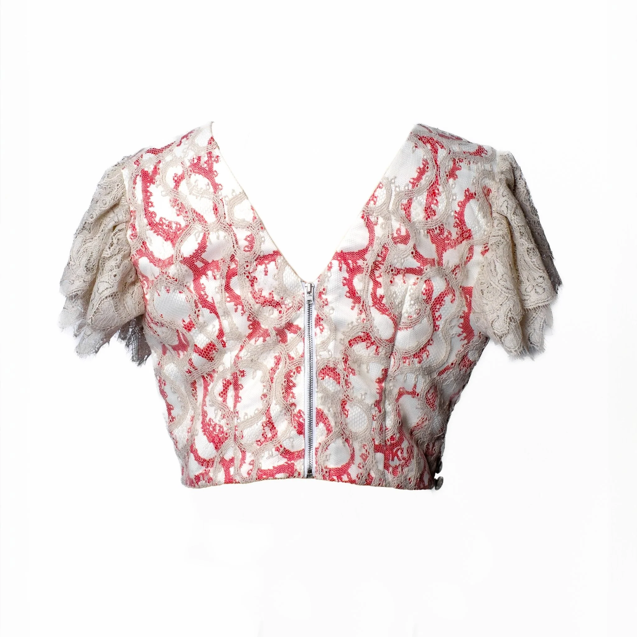 Lace Fitted V-Neck Top with Puff Sleeves - Image 3