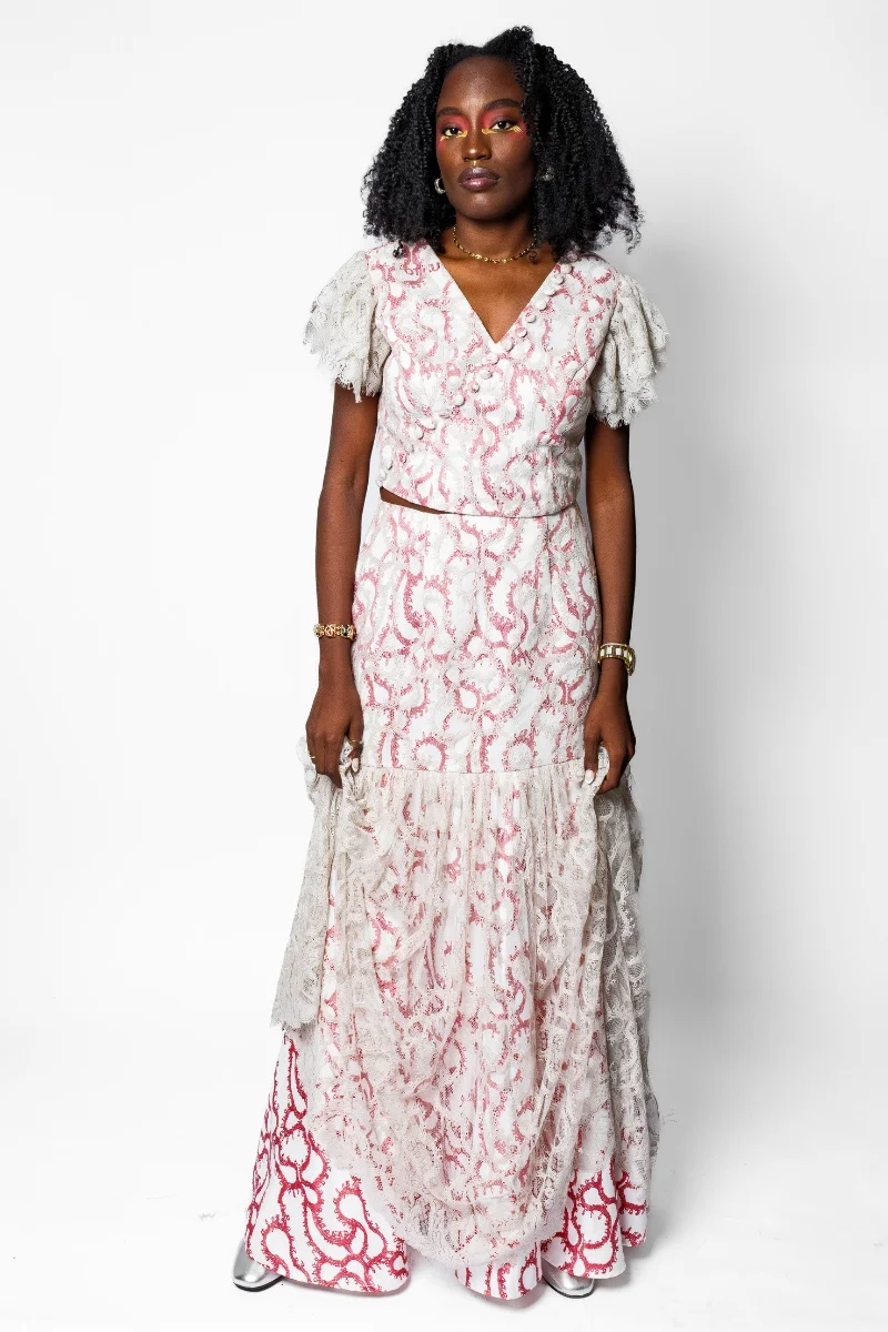 Lace Fitted V-Neck Top with Puff Sleeves - Image 4