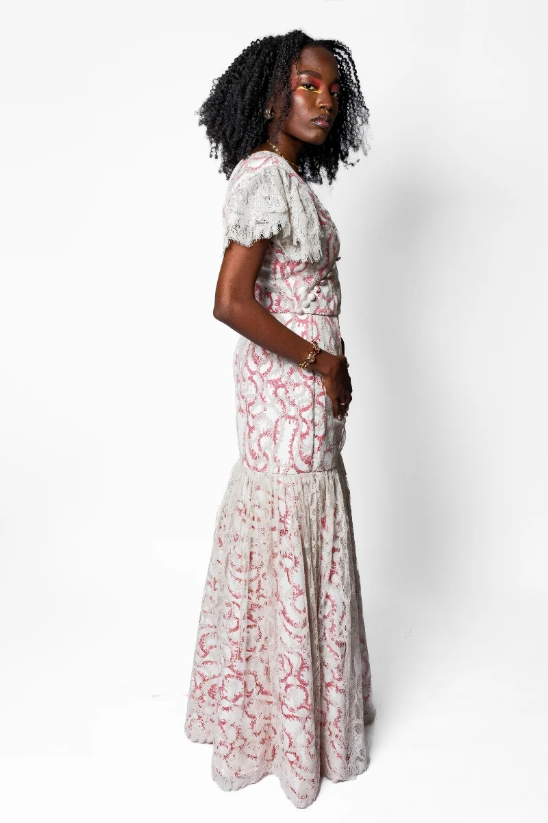 Lace Fitted V-Neck Top with Puff Sleeves - Image 5