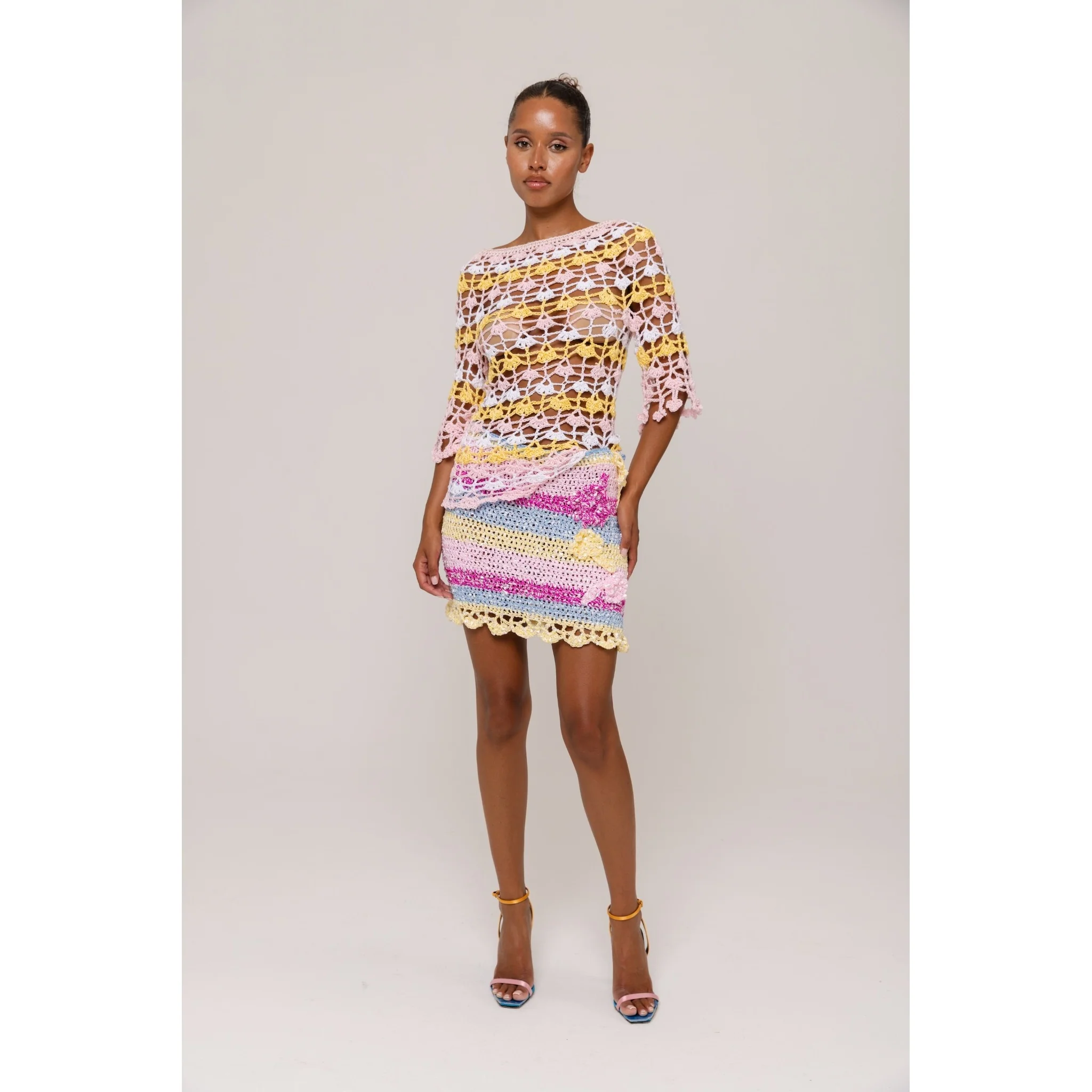 Pastel Crochet Fitted Top with Bell Sleeves - Image 3