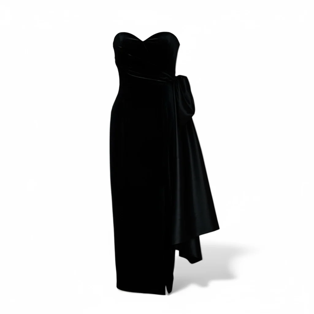Black Velvet Bow Detail Strapless Gown