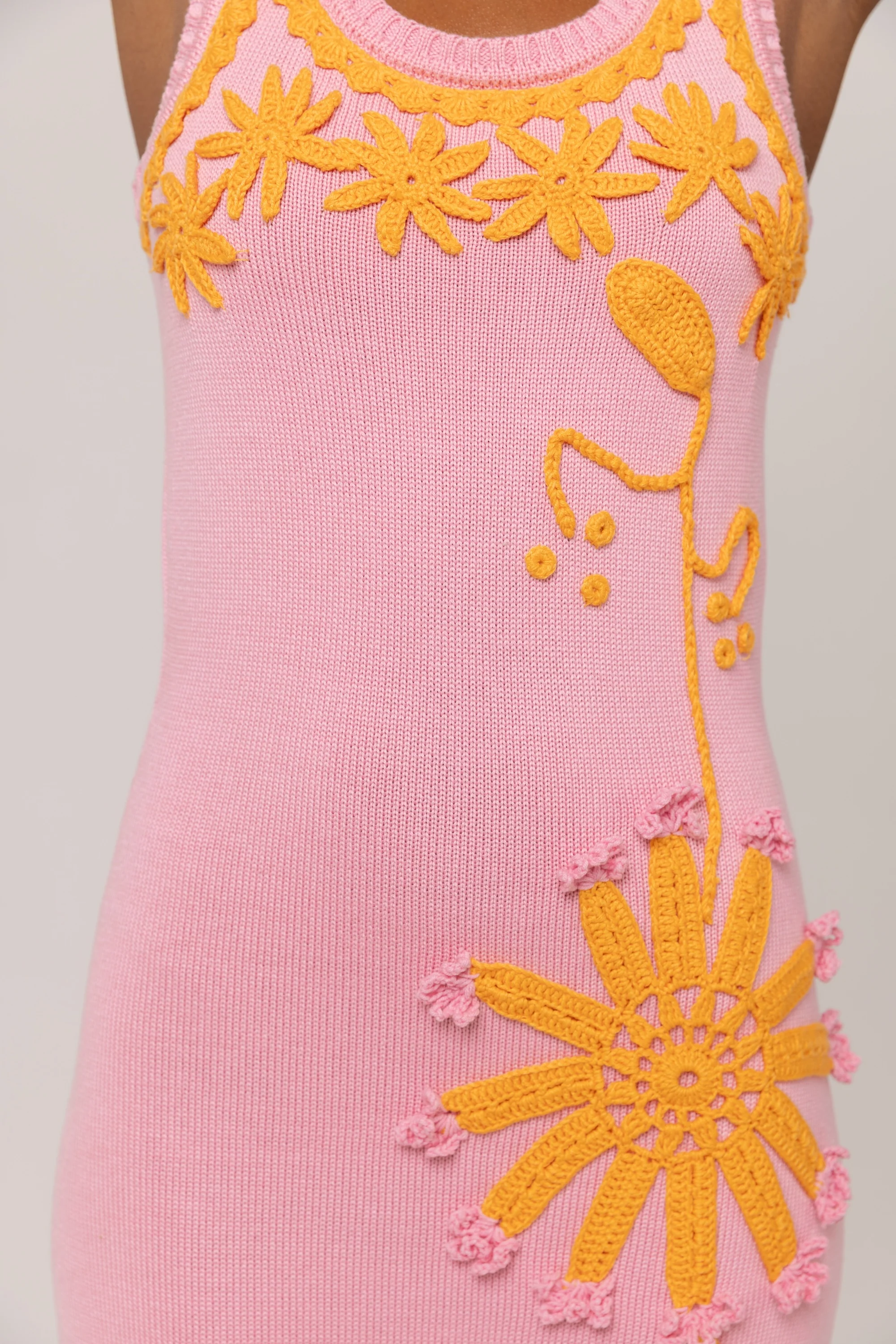 Pink Knit Midi Dress with Golden Handmade Floral Embroidery - Image 10