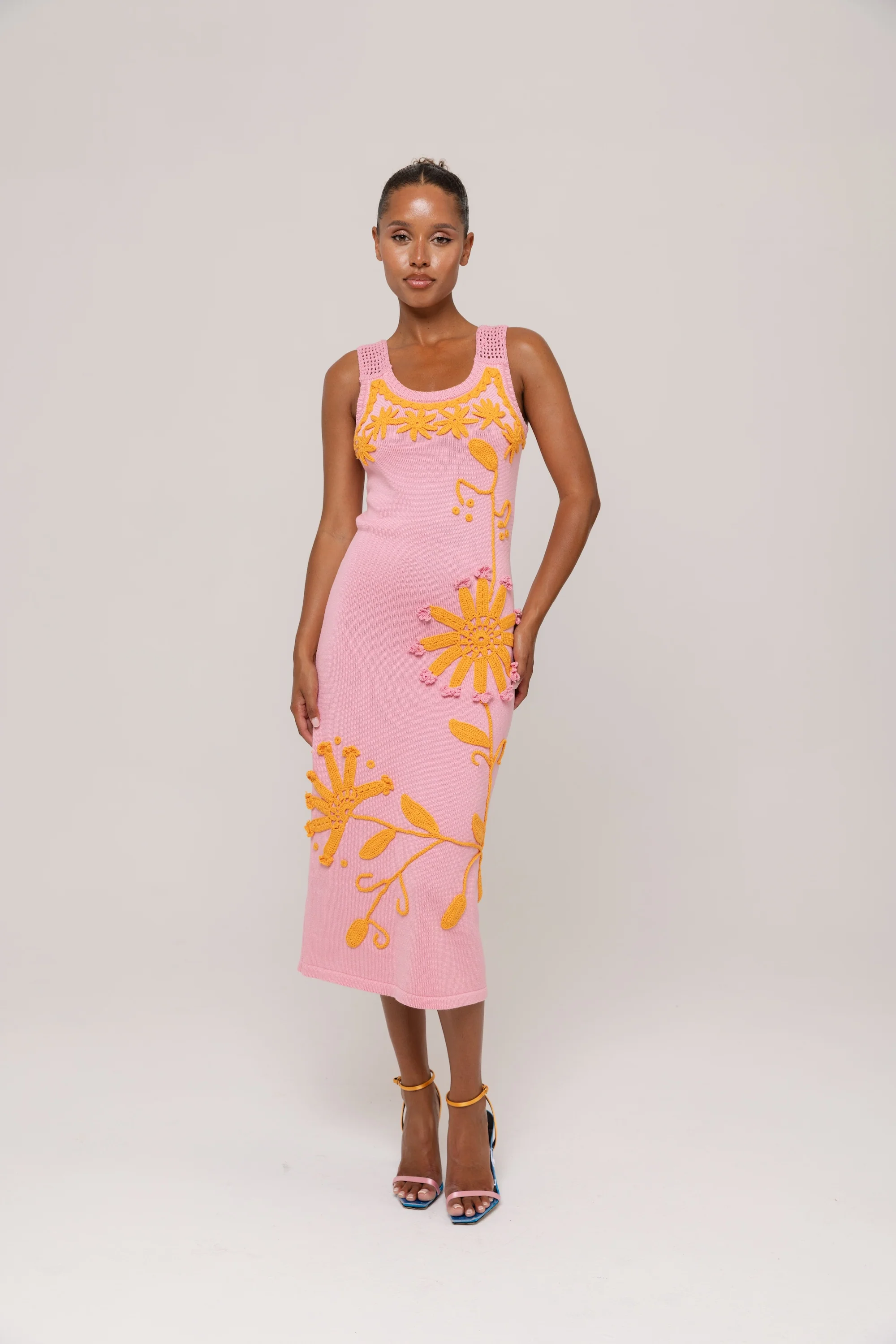Pink Knit Midi Dress with Golden Handmade Floral Embroidery - Image 6