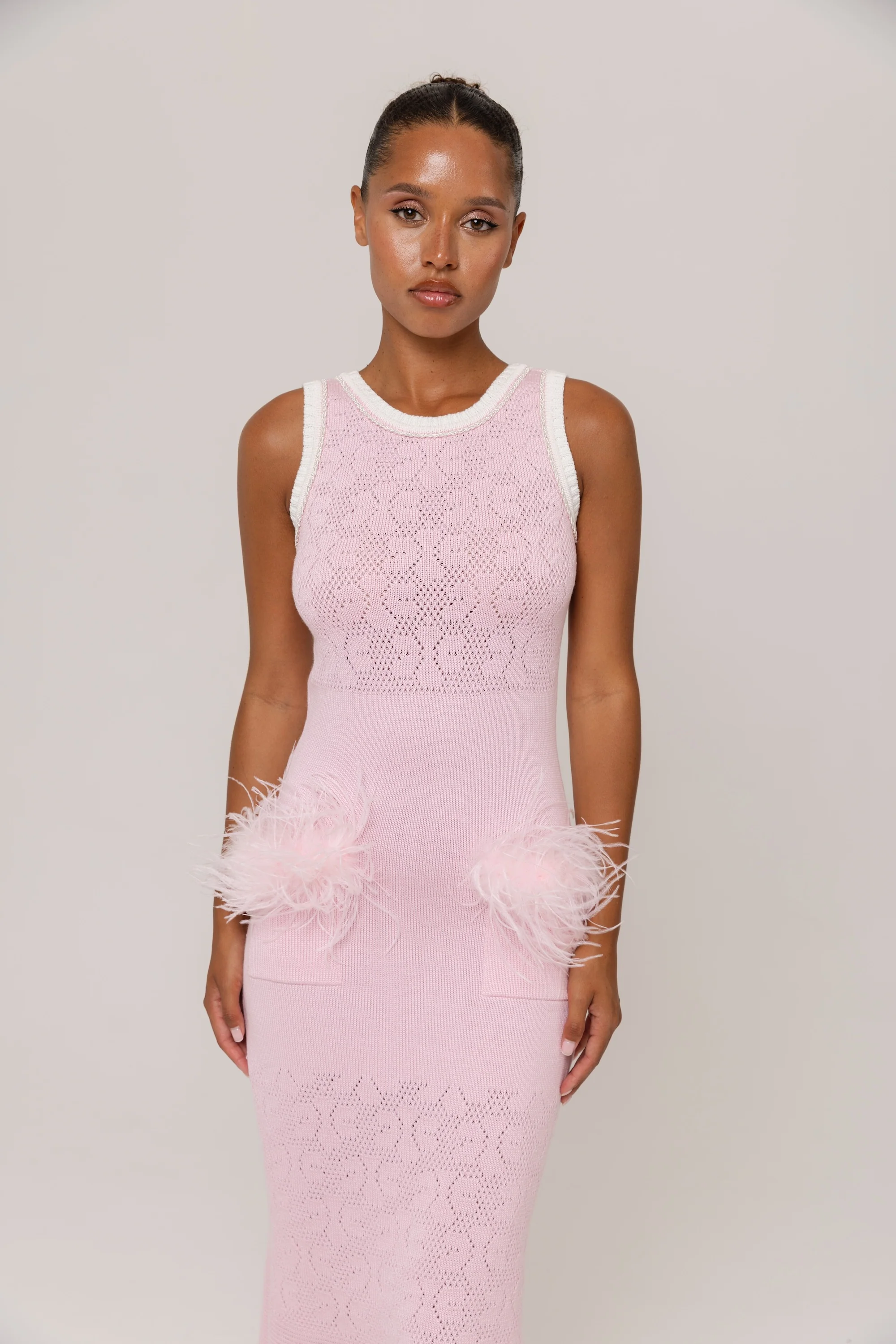 Pink Knit Midi Dress with Ostrich Feather Pockets - Image 3