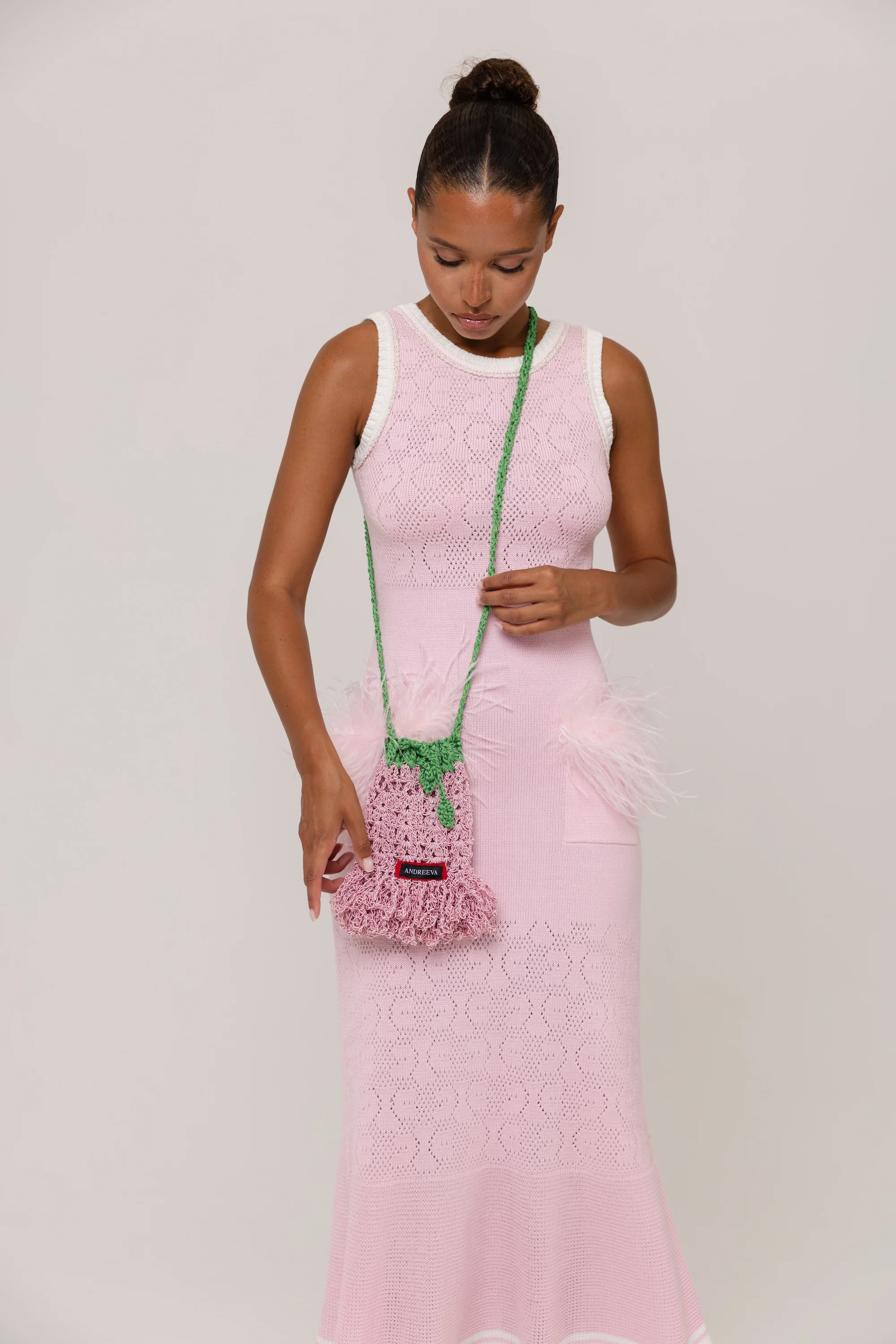 Pink Knit Midi Dress with Ostrich Feather Pockets - Image 7