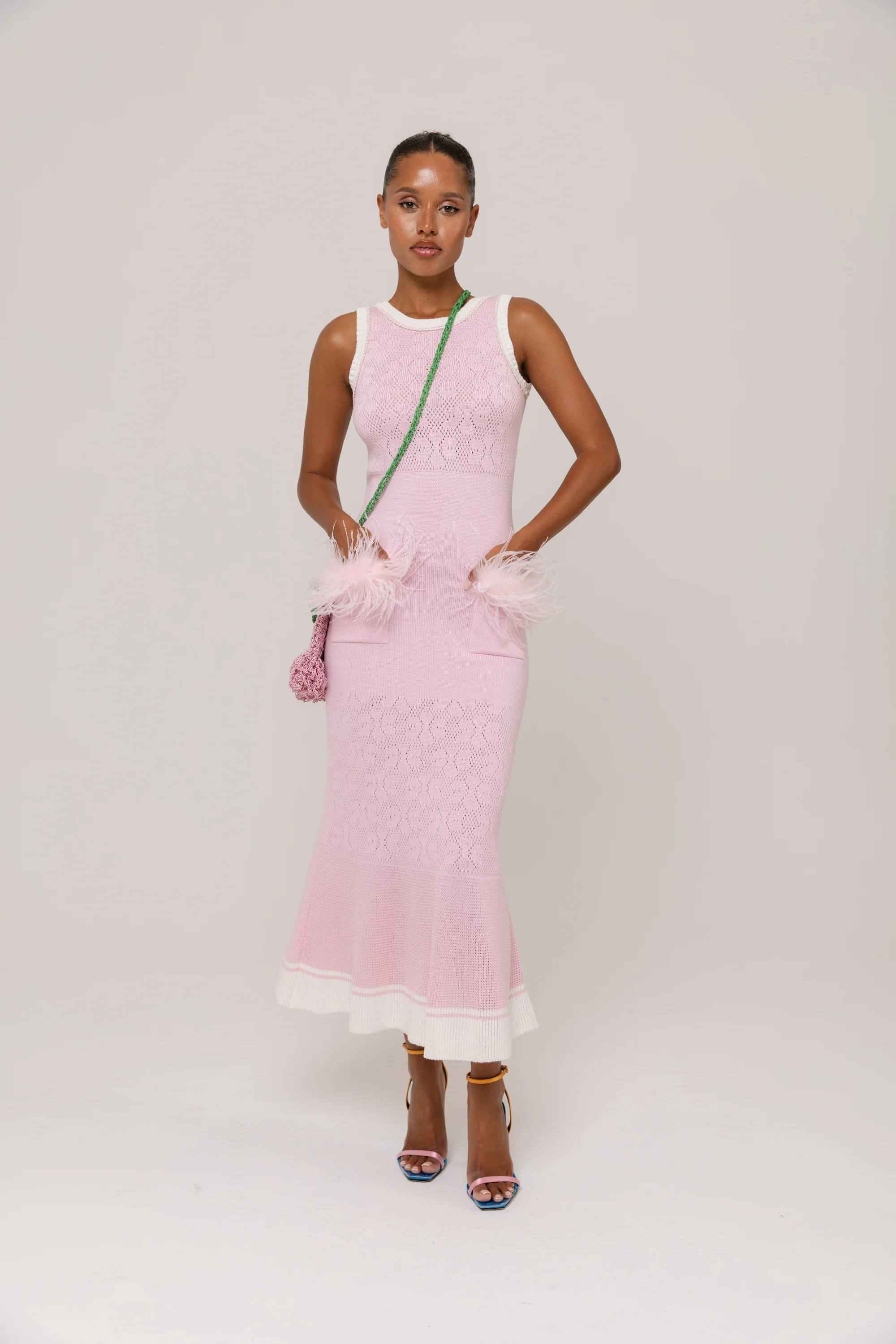 Pink Knit Midi Dress with Ostrich Feather Pockets - Image 8