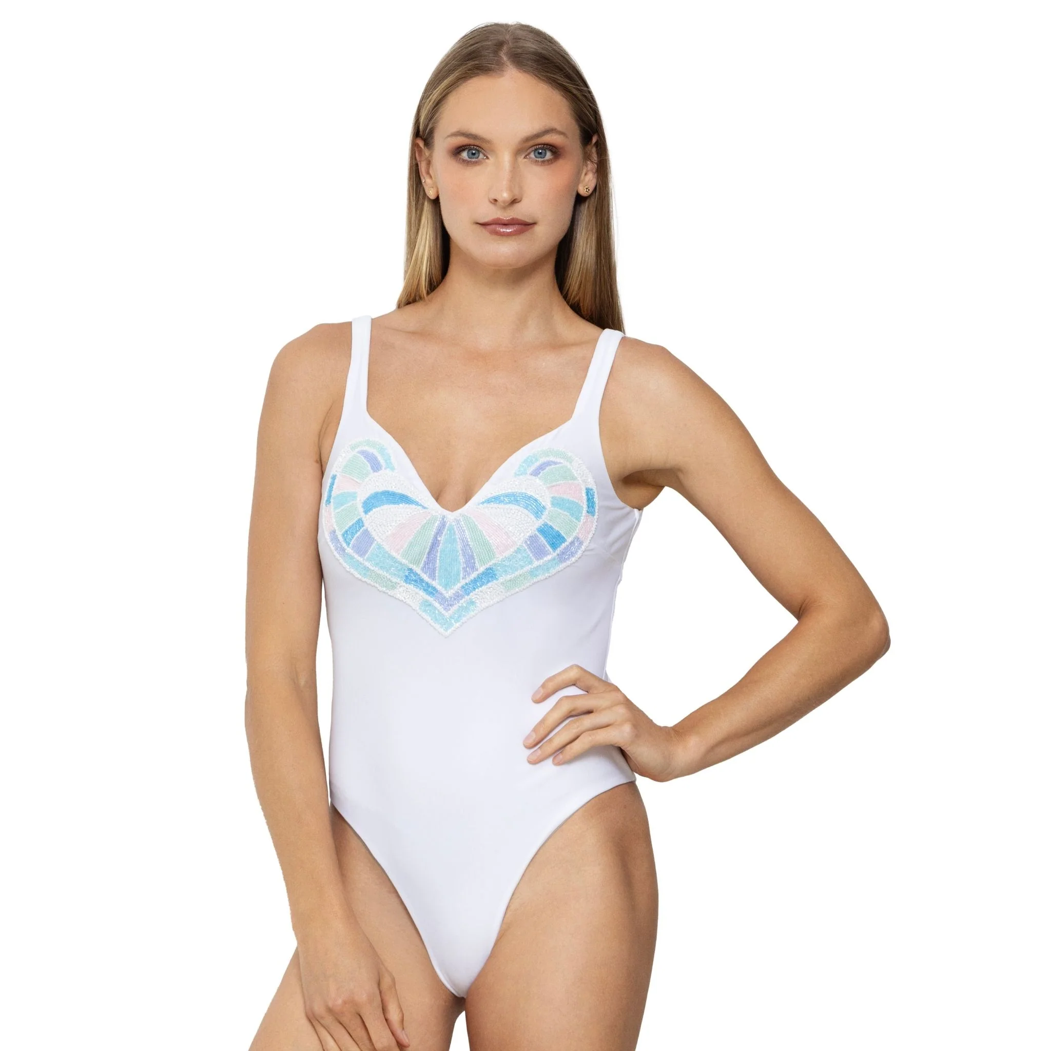 Amor Hand-Beaded Embellished One-Piece Swimsuit | White - Image 2