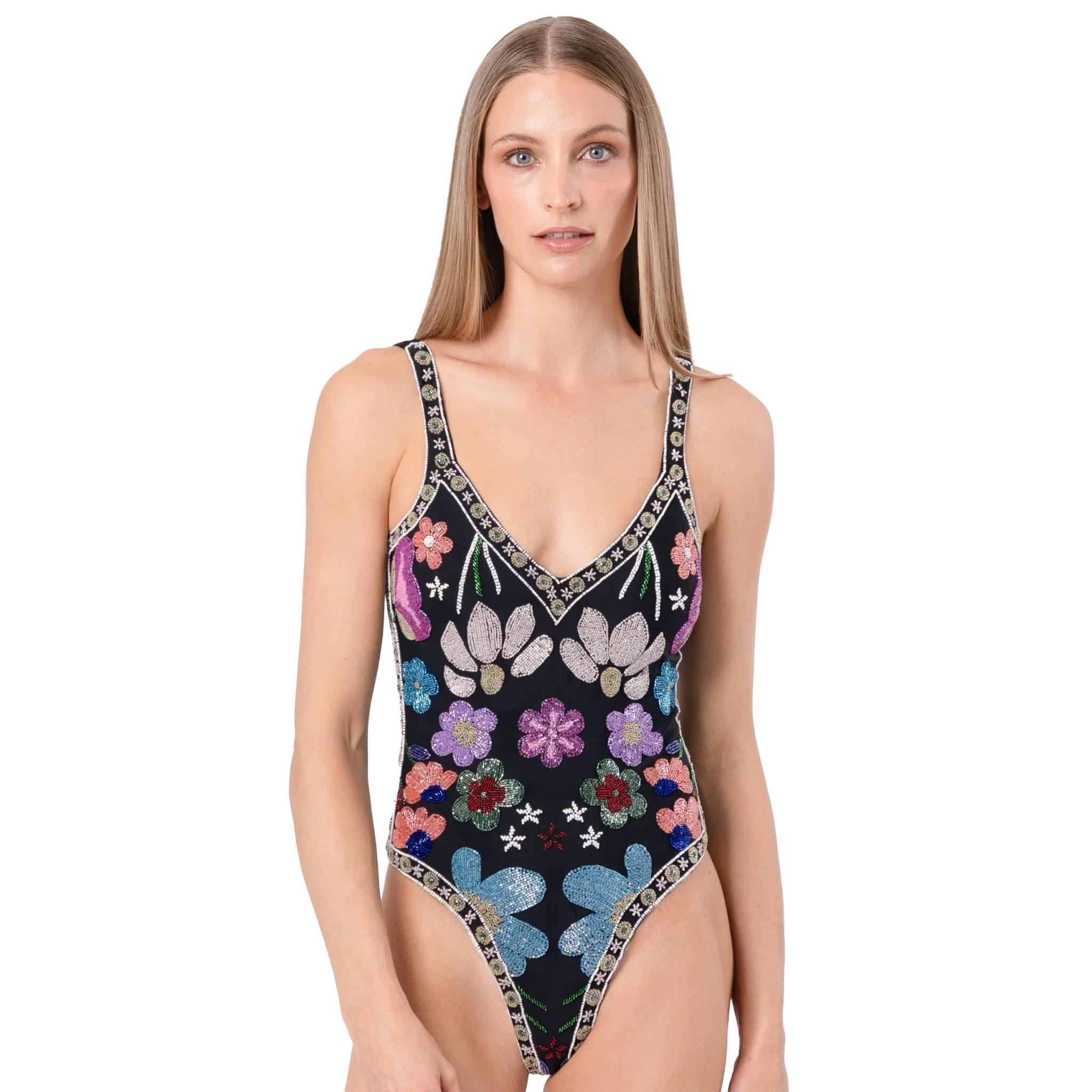 Flower Hand-Beaded Embellished One-Piece Swimsuit | Black - Image 3
