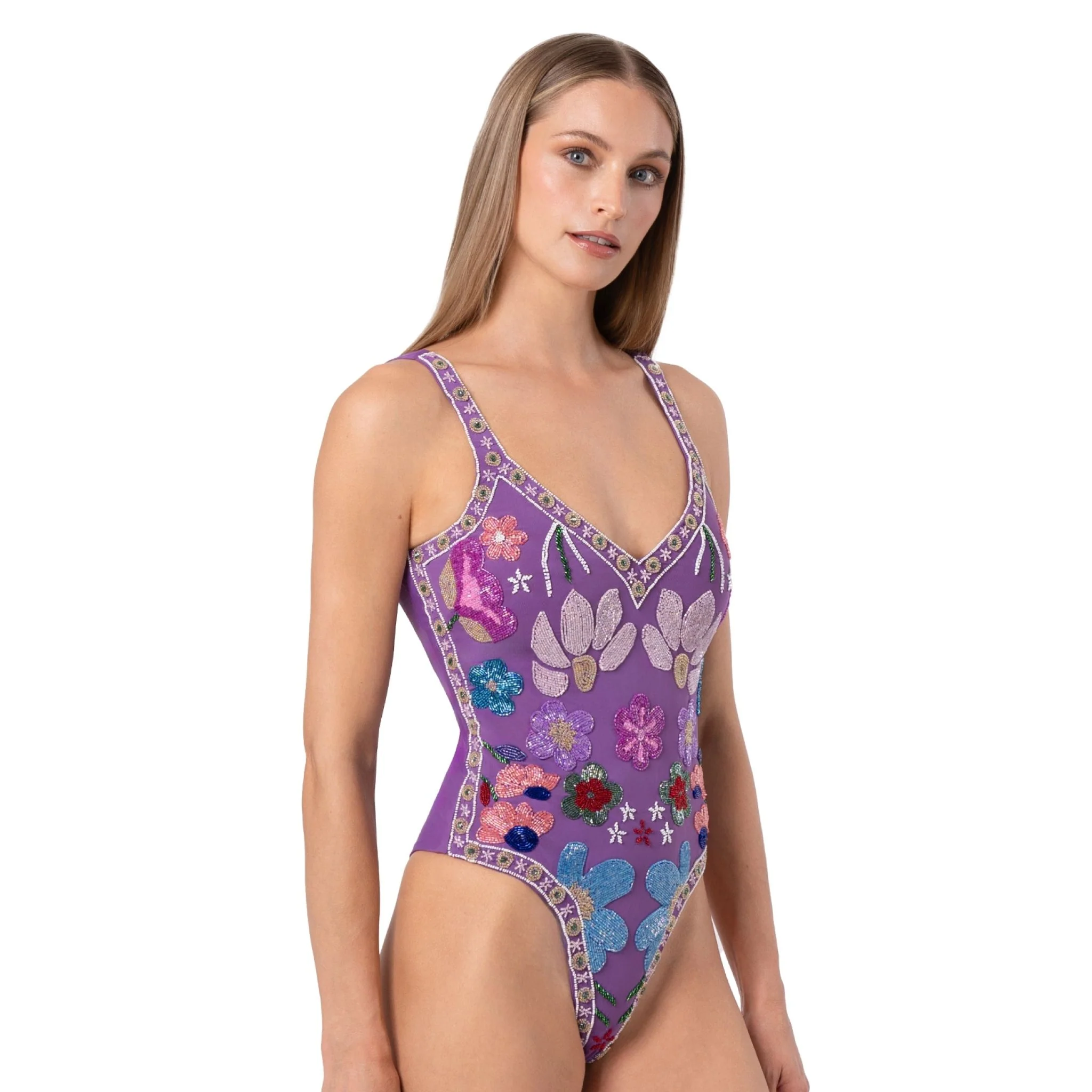 Flower Hand-Beaded Embellished One-Piece Swimsuit | Purple - Image 4