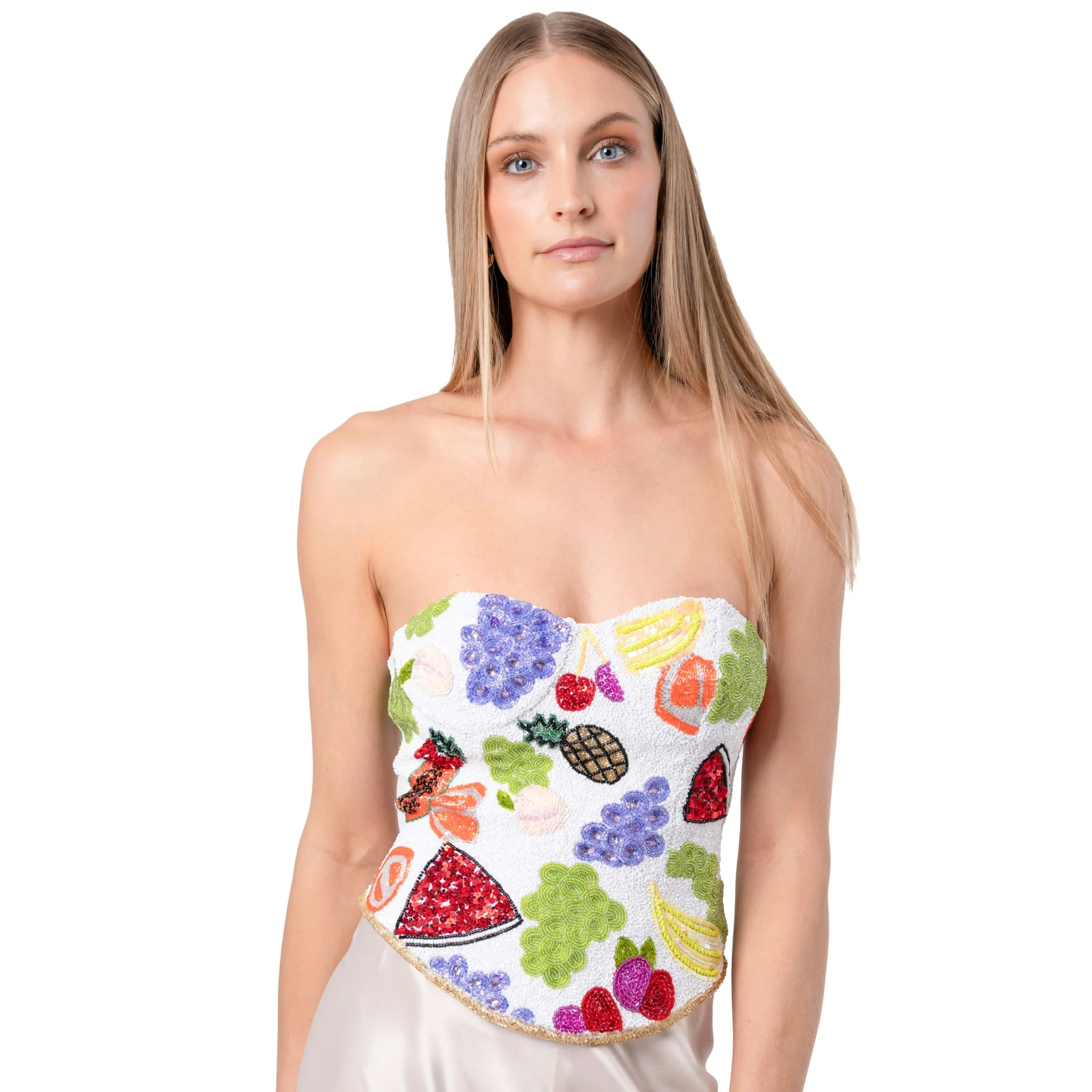 Fruit Hand-Beaded Embellished Corset Top | White - Image 3
