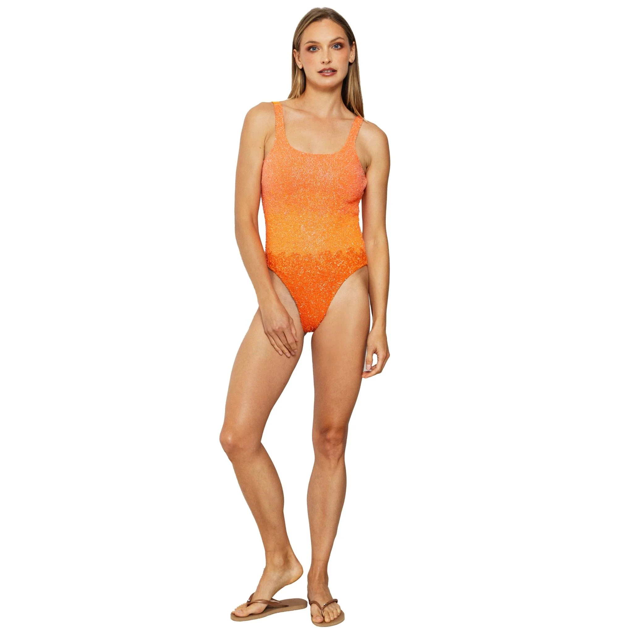 Ombre Hand-Beaded Embellished One-Piece Swimsuit | Orange - Image 2