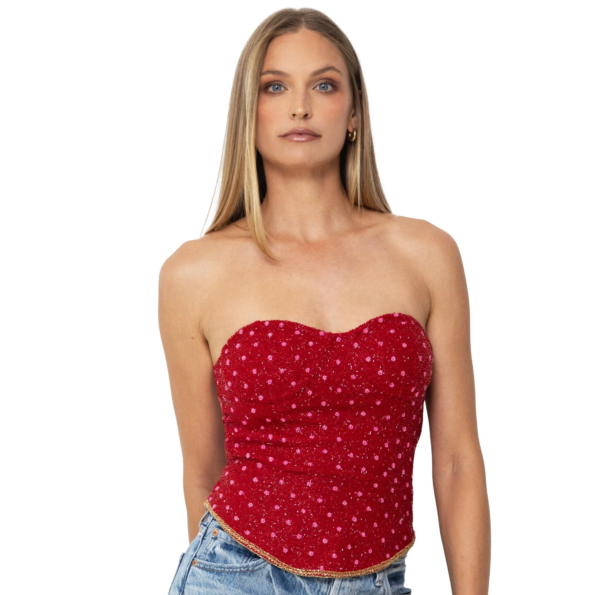 Perla Hand-Beaded Embellished Corset Top | Red - Image 3
