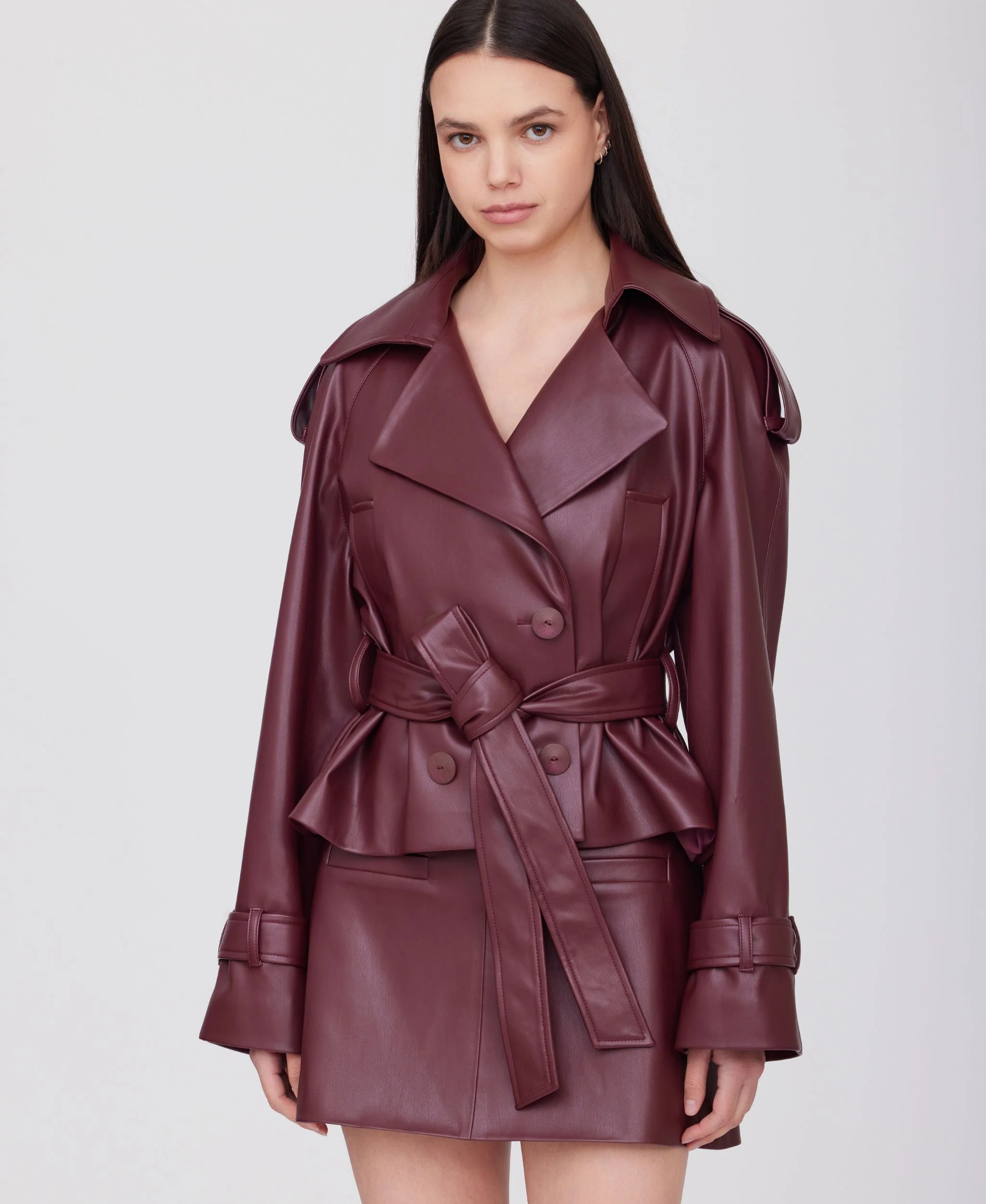 Cropped Eco Leather Trench Coat | Burgundy - Image 3