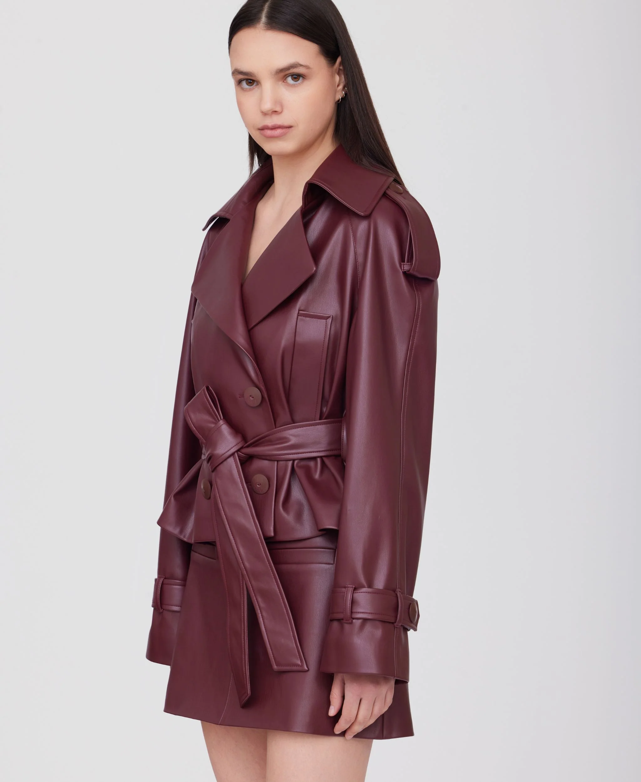 Cropped Eco Leather Trench Coat | Burgundy - Image 4