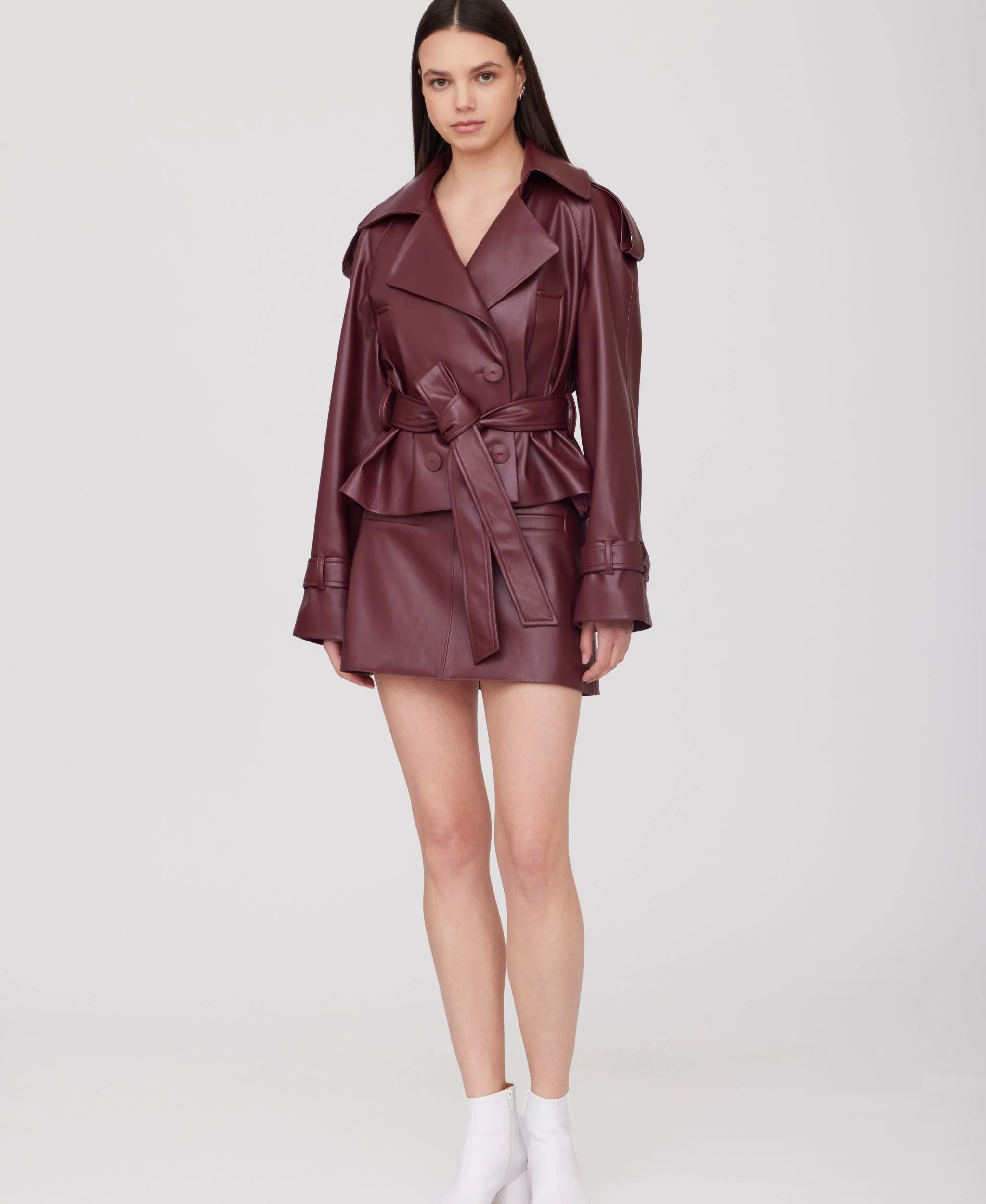 Cropped Eco Leather Trench Coat | Burgundy - Image 6