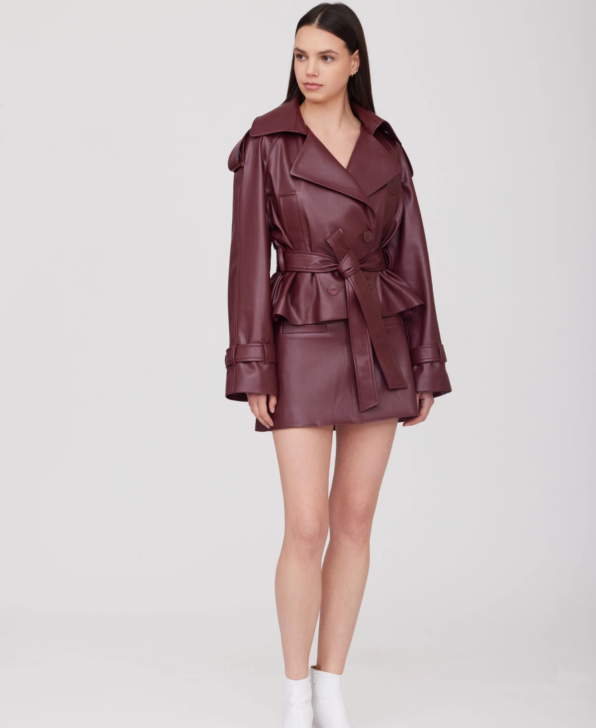 Cropped Eco Leather Trench Coat | Burgundy - Image 7
