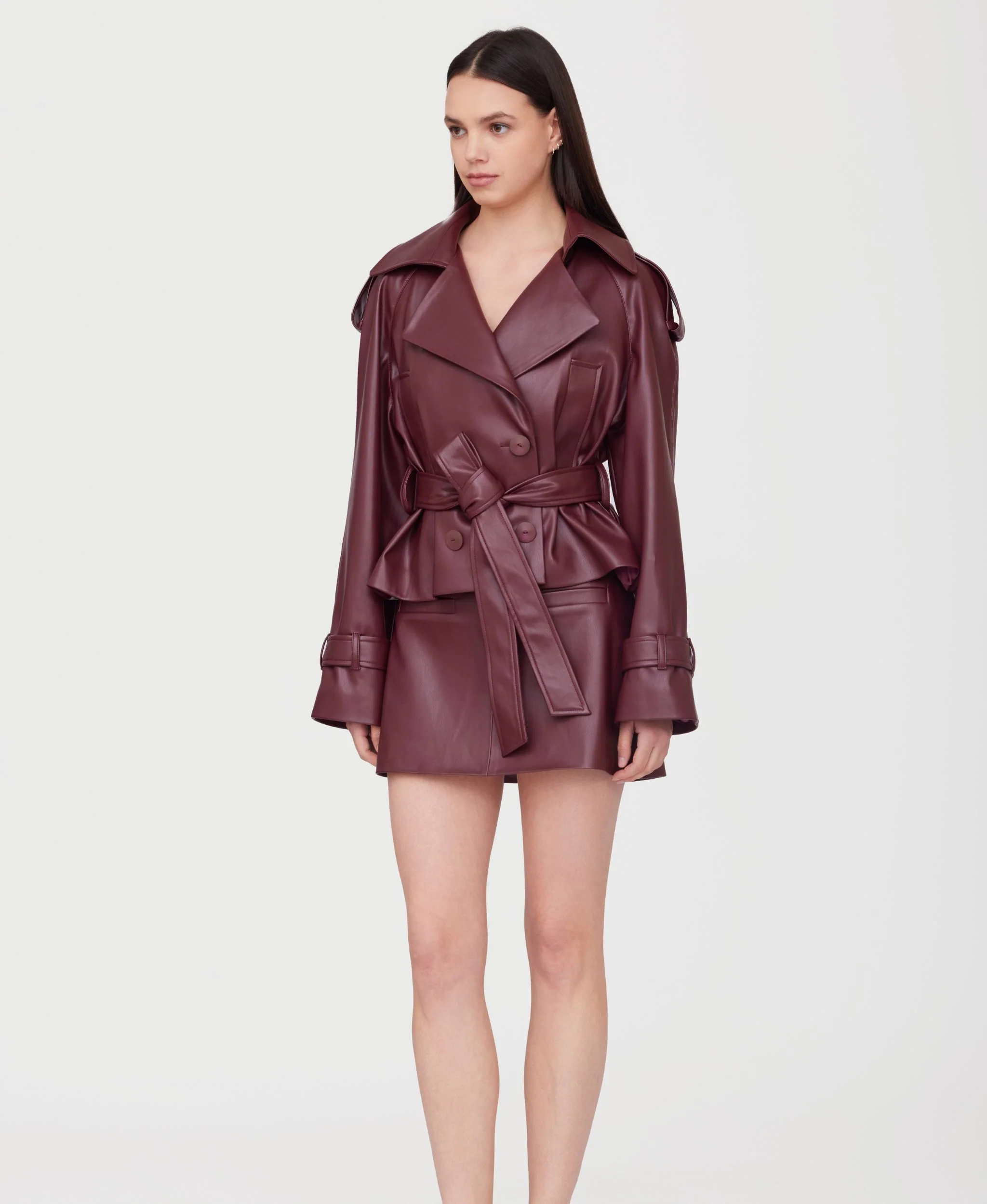 Cropped Eco Leather Trench Coat | Burgundy - Image 8