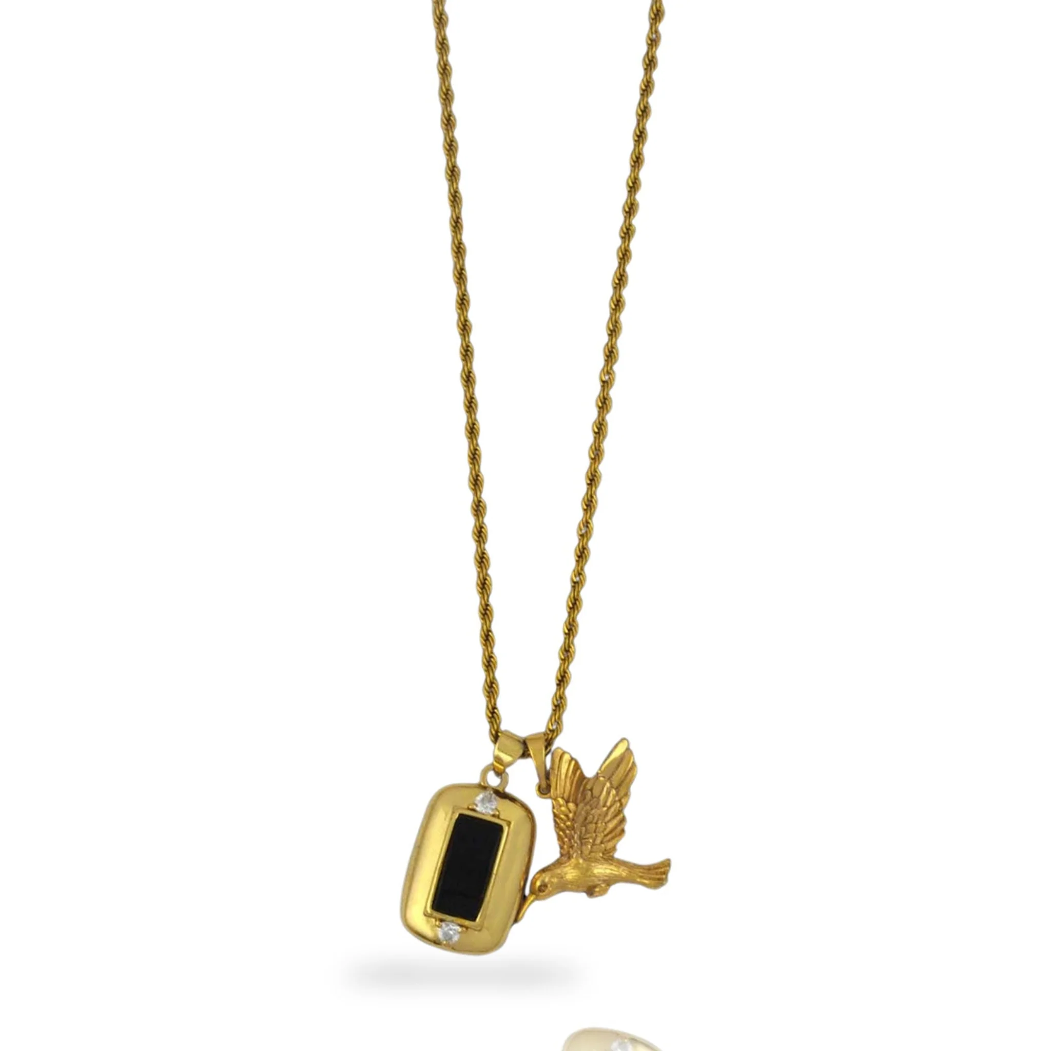 Gold Hummingbird and Onyx Charm Necklace