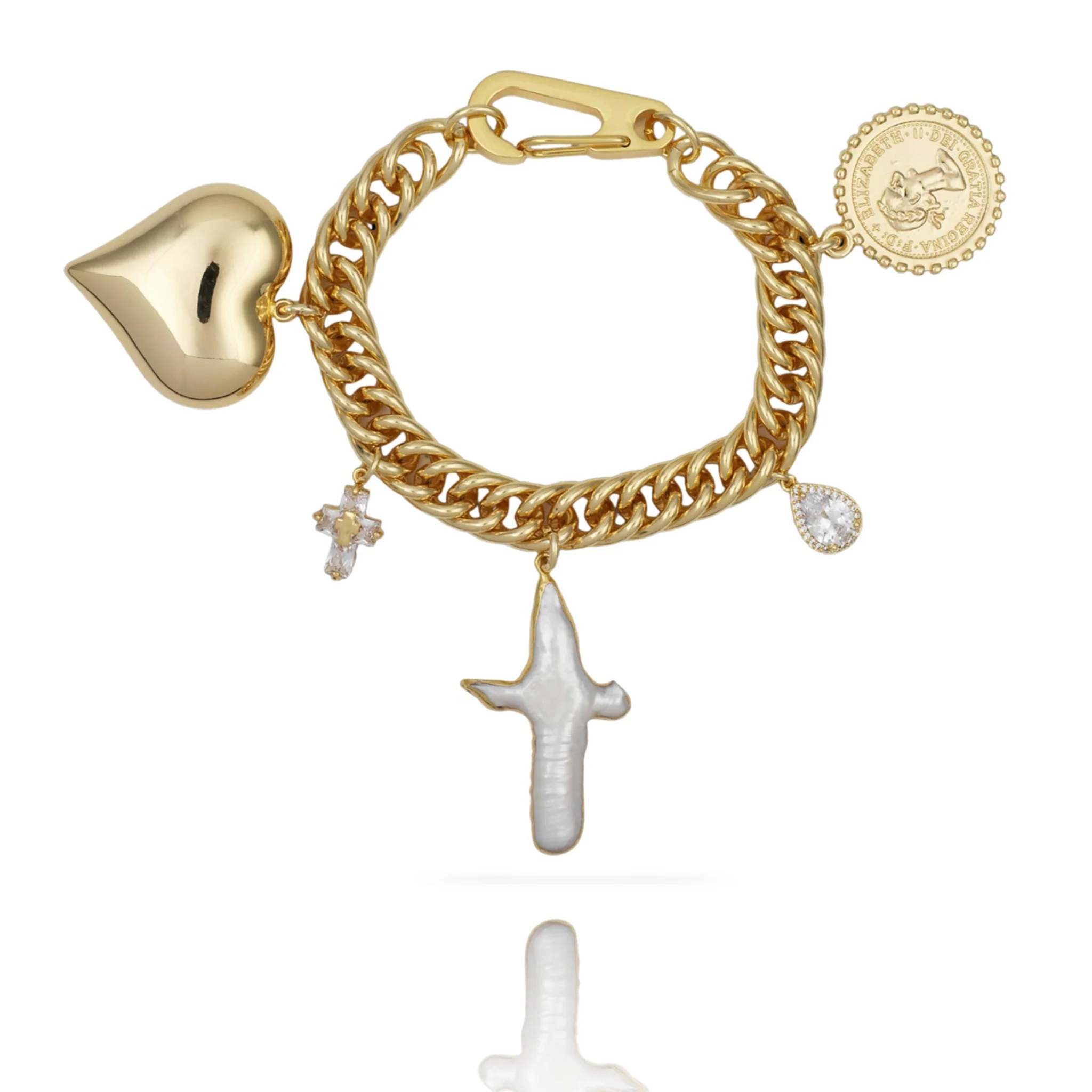 Pearl Cross and Puffy Heart Chunky Charm Bracelet