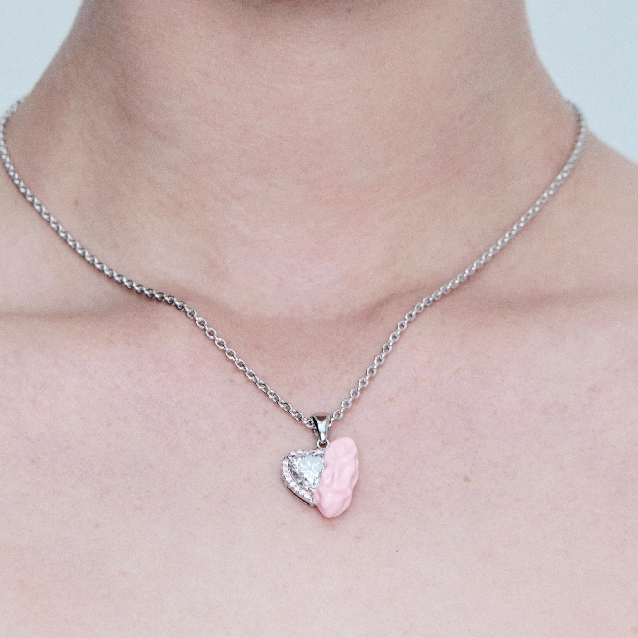 Pink Enamel Gum Heart Necklace with Clear Zirconia - Image 2