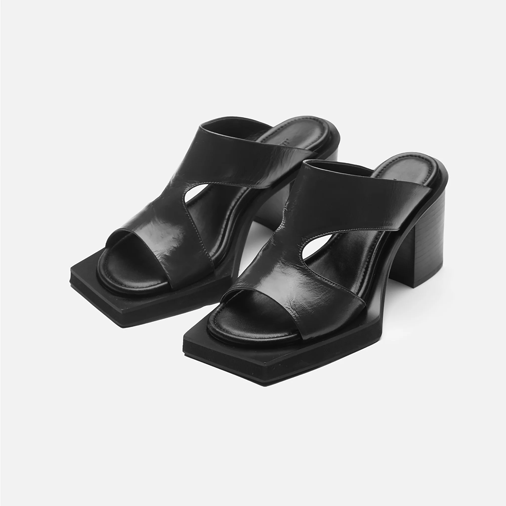 Black Block‑Heel Cutout 
Leather Mules - Image 3