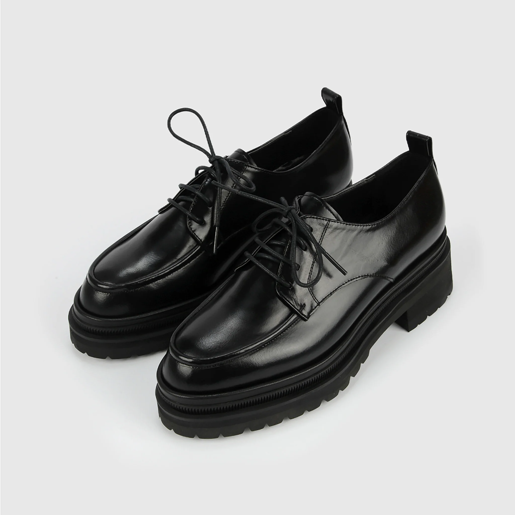 Black Chunky Leather 
Derby Shoes with Lug Sole - Image 3