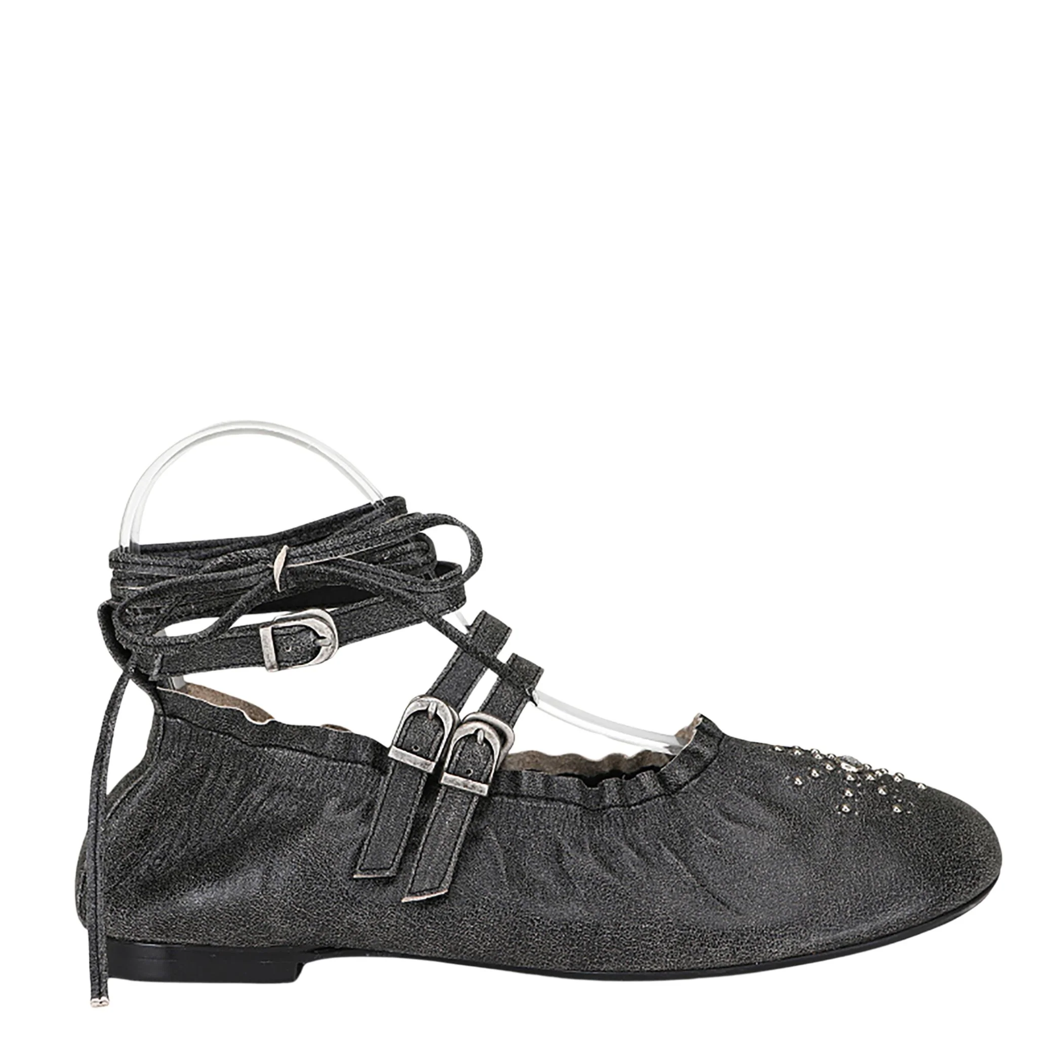 Black Distressed Lace-Up Ballerina Flats