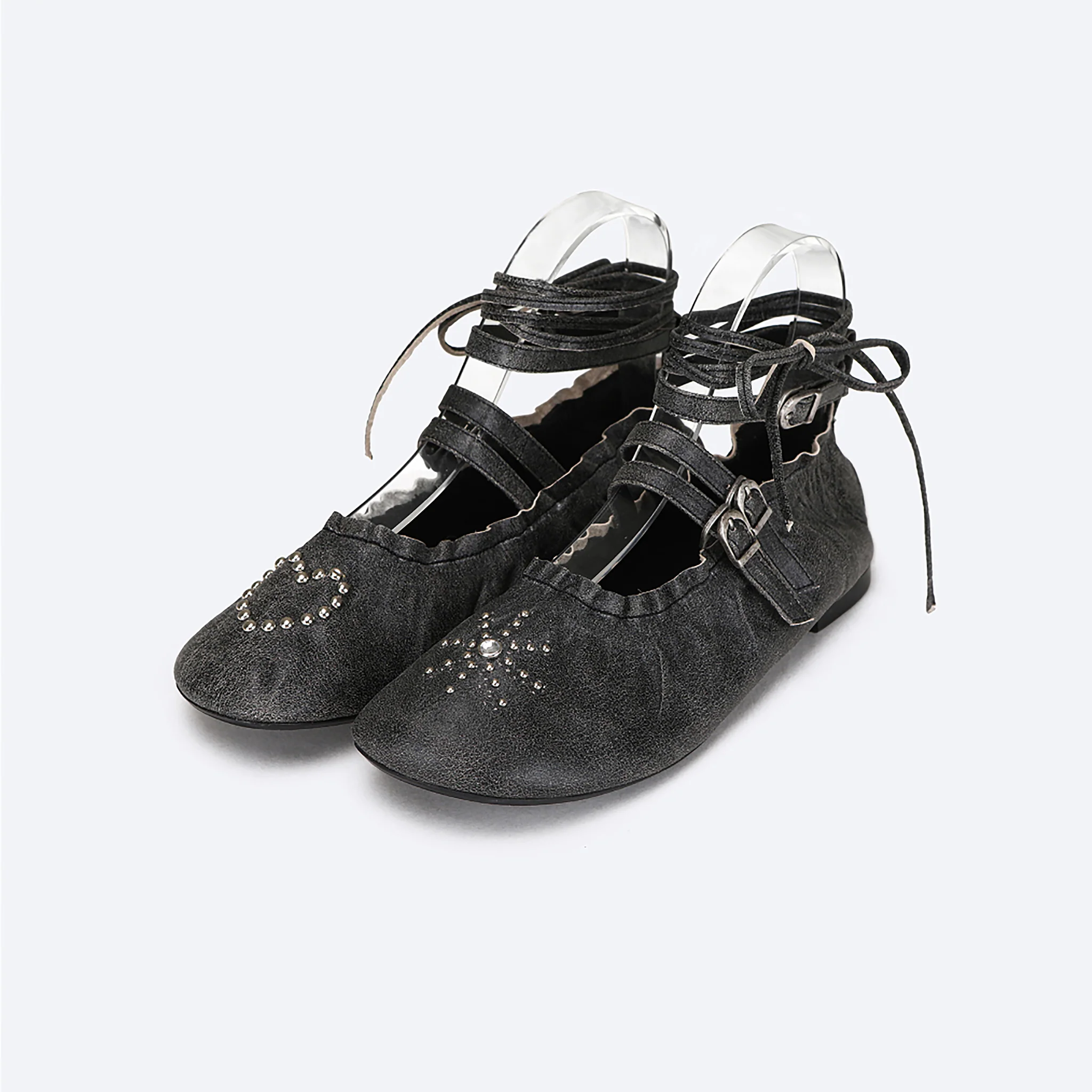 Black Distressed Lace-Up Ballerina Flats - Image 2