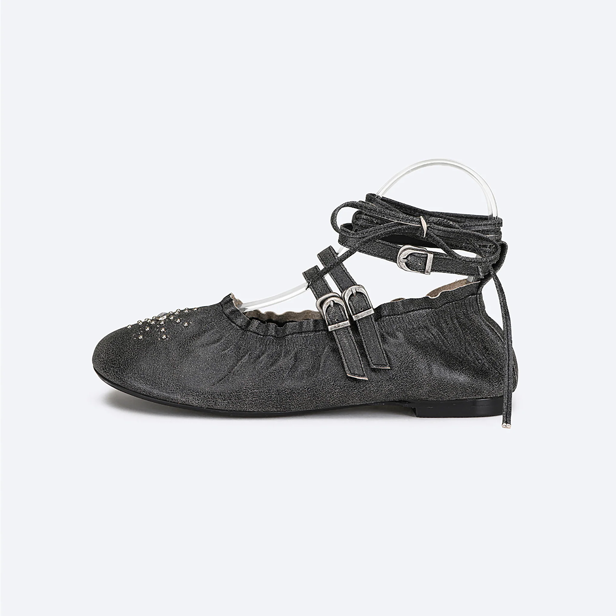 Black Distressed Lace-Up Ballerina Flats - Image 5
