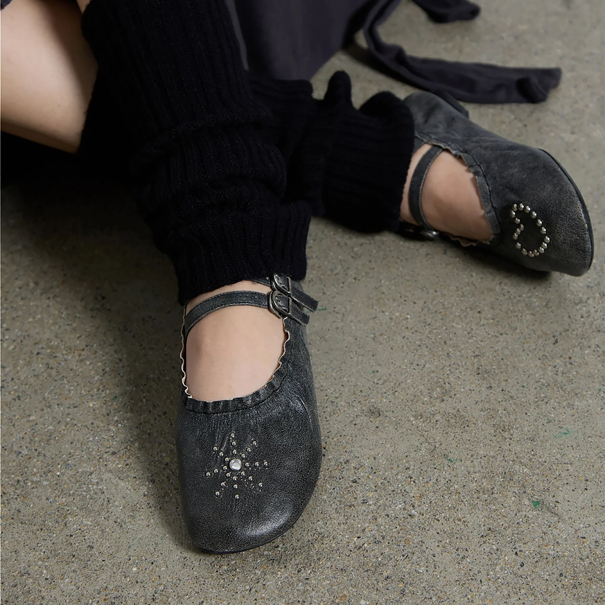 Black Distressed Lace-Up Ballerina Flats - Image 9