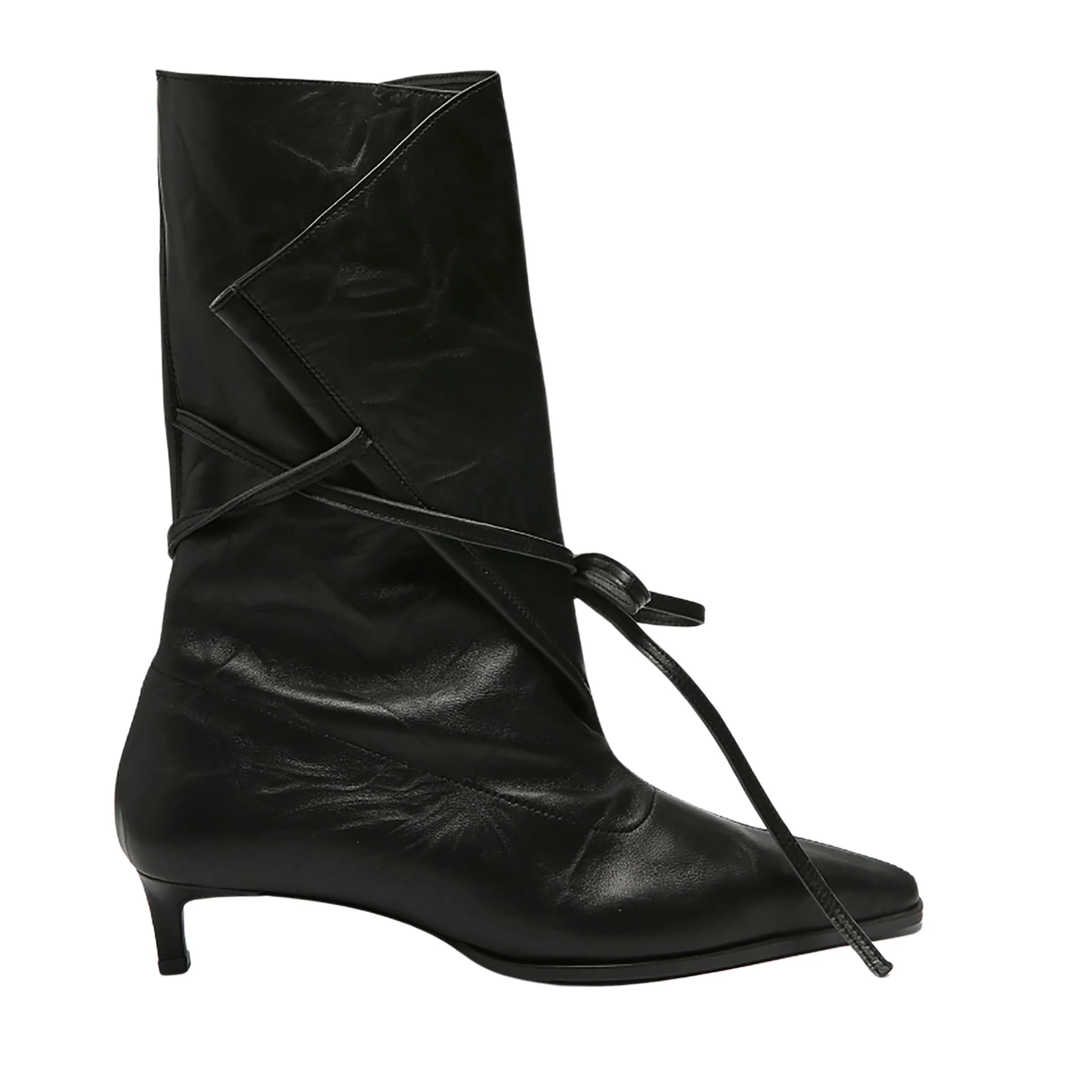 Black Folded-Top Leather Ankle 
Boots with Wraparound Tie