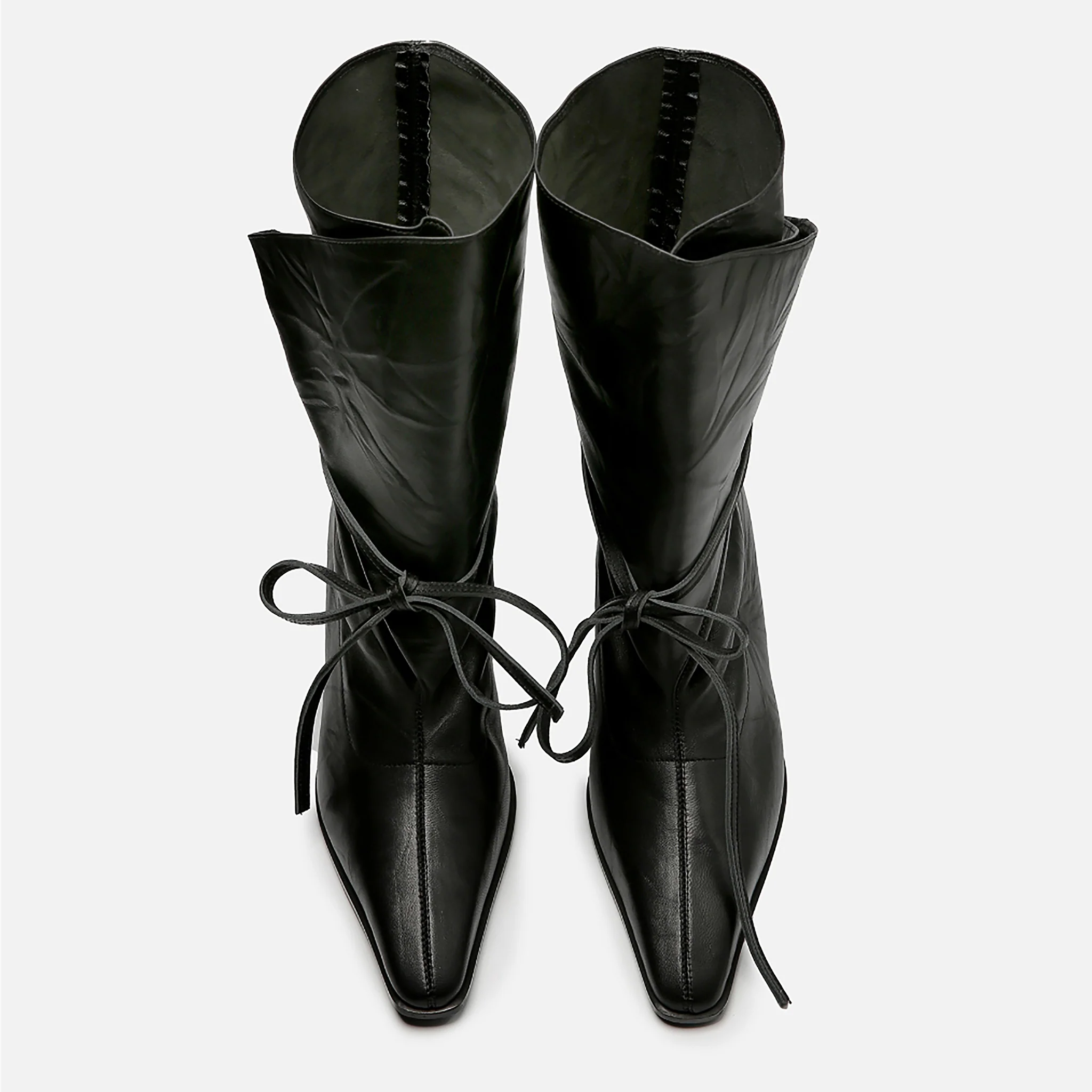 Black Folded-Top Leather Ankle 
Boots with Wraparound Tie - Image 2