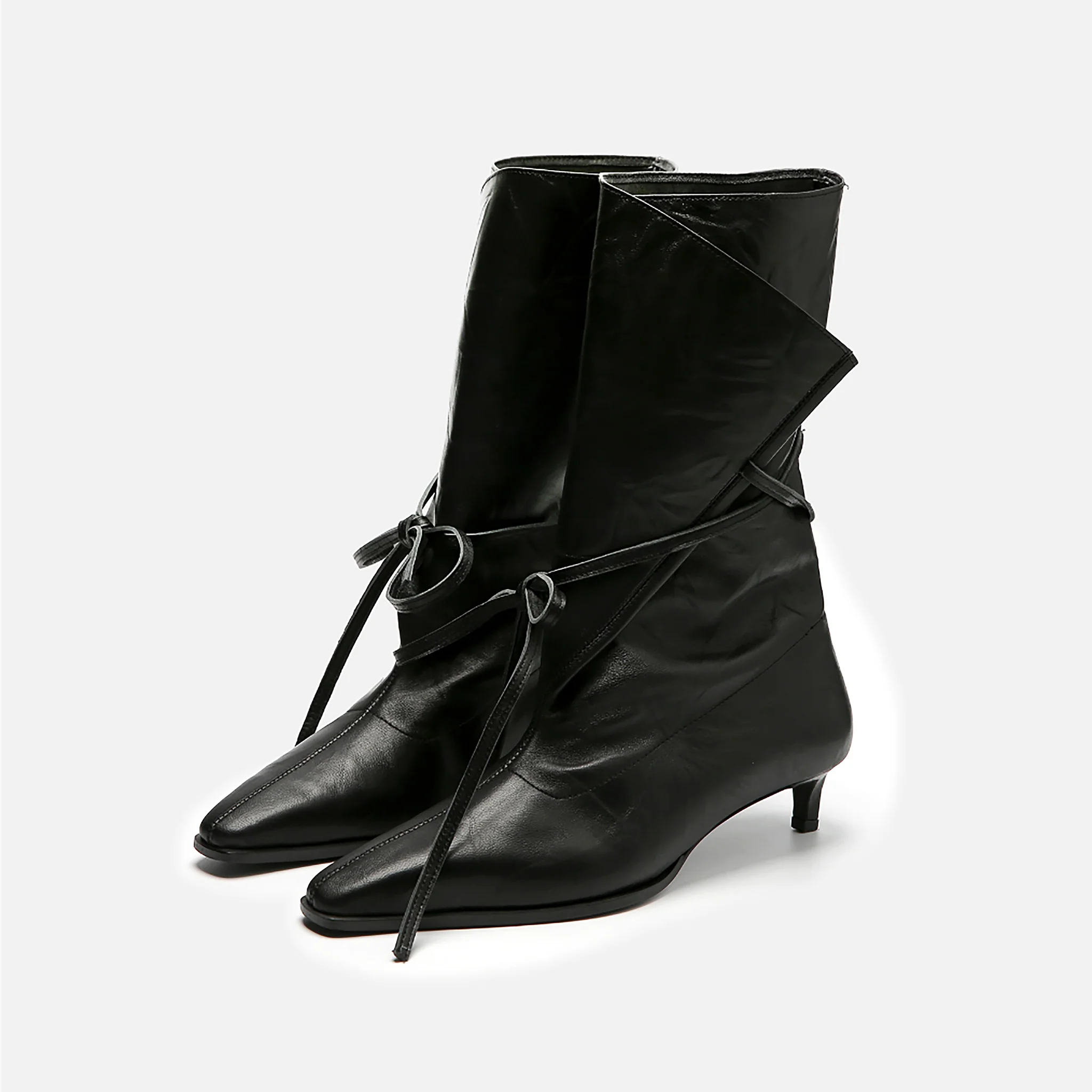 Black Folded-Top Leather Ankle 
Boots with Wraparound Tie - Image 3