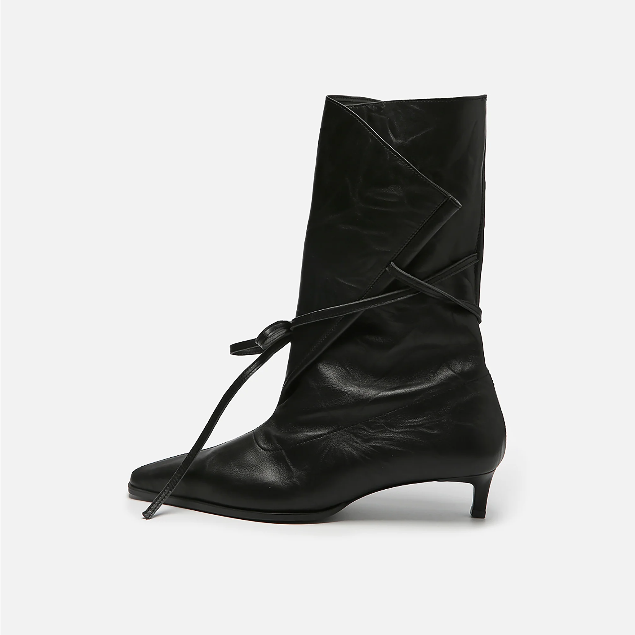 Black Folded-Top Leather Ankle 
Boots with Wraparound Tie - Image 4