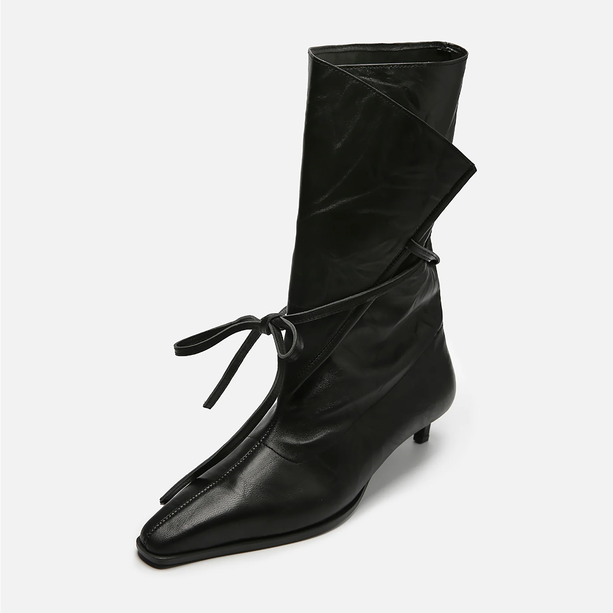 Black Folded-Top Leather Ankle 
Boots with Wraparound Tie - Image 5
