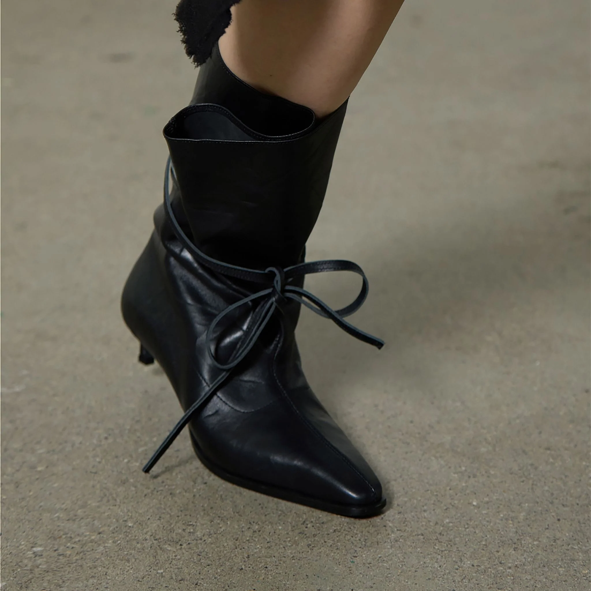 Black Folded-Top Leather Ankle 
Boots with Wraparound Tie - Image 7