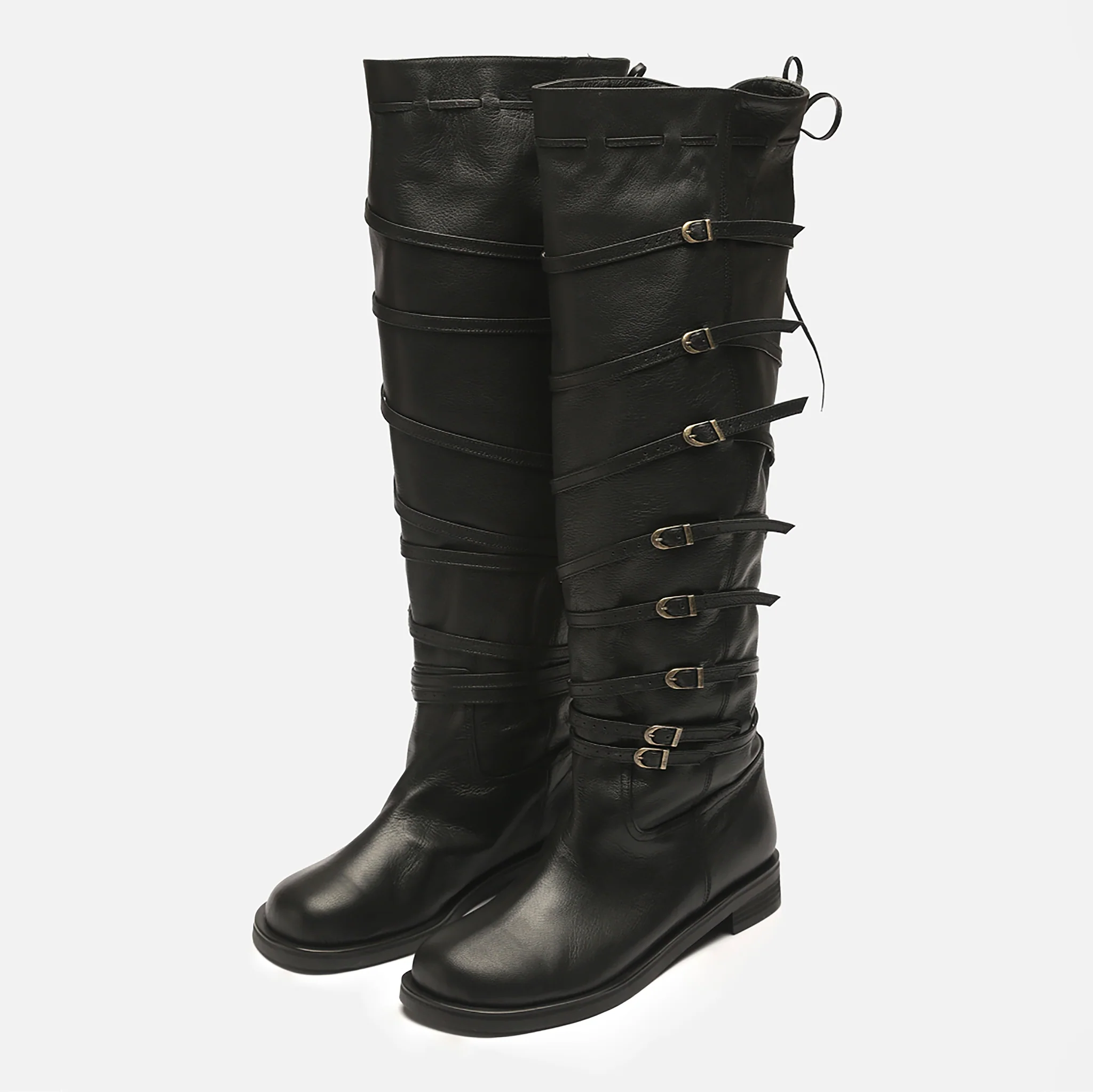Black Knee‑High 
Leather Multi‑Strap Buckle Boots - Image 2