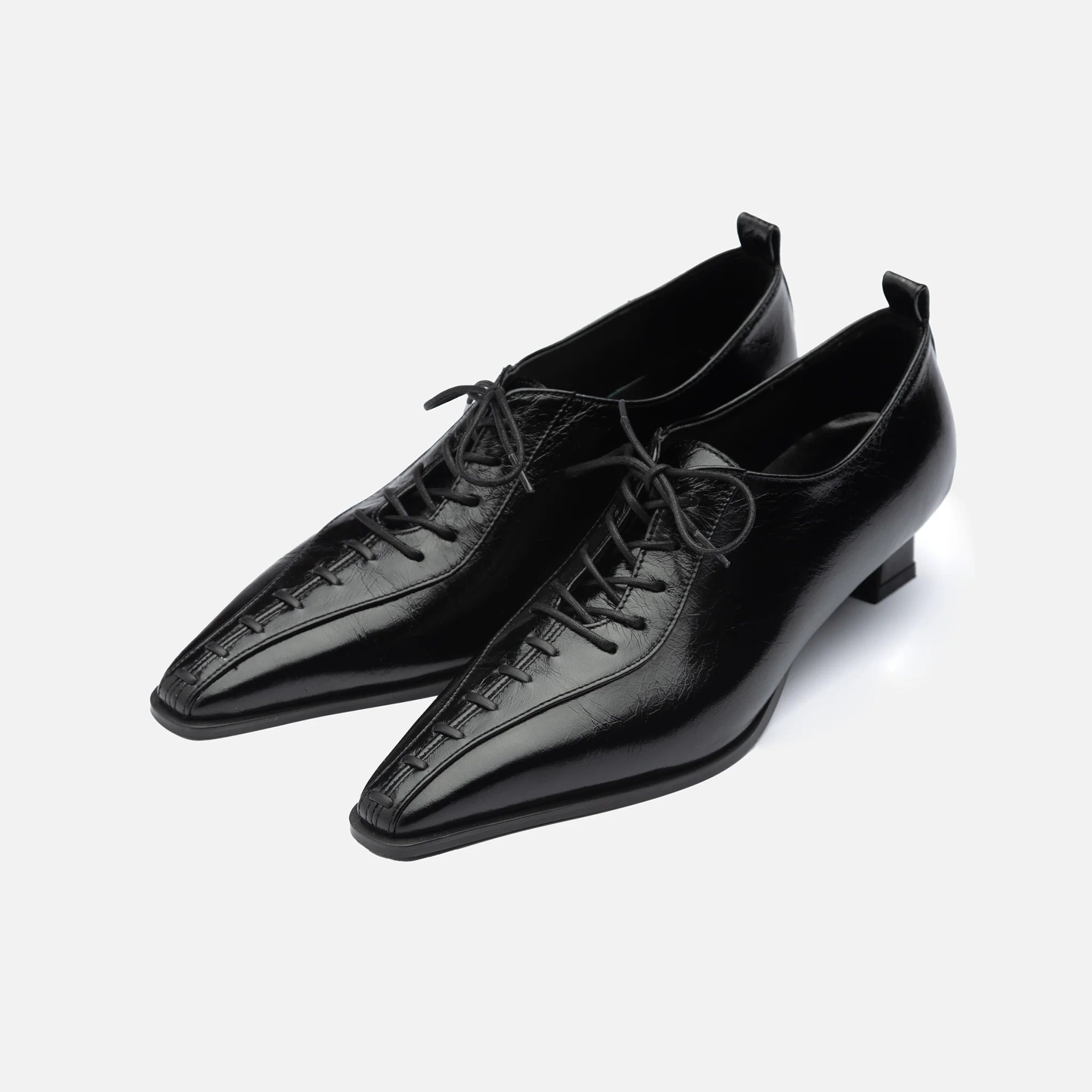 Black Lace-Up Kitten Heel 
Leather Shoes - Image 2