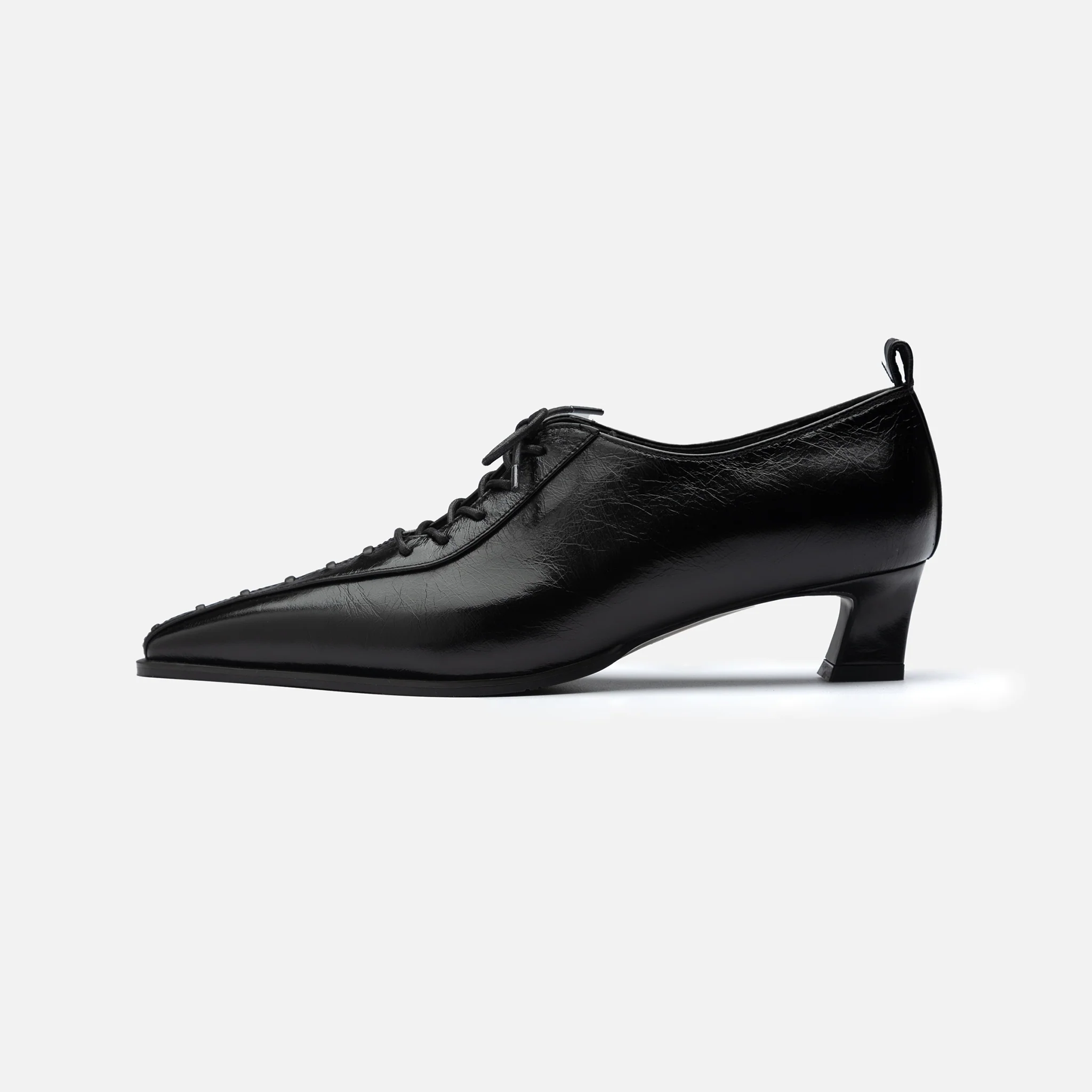 Black Lace-Up Kitten Heel 
Leather Shoes - Image 5
