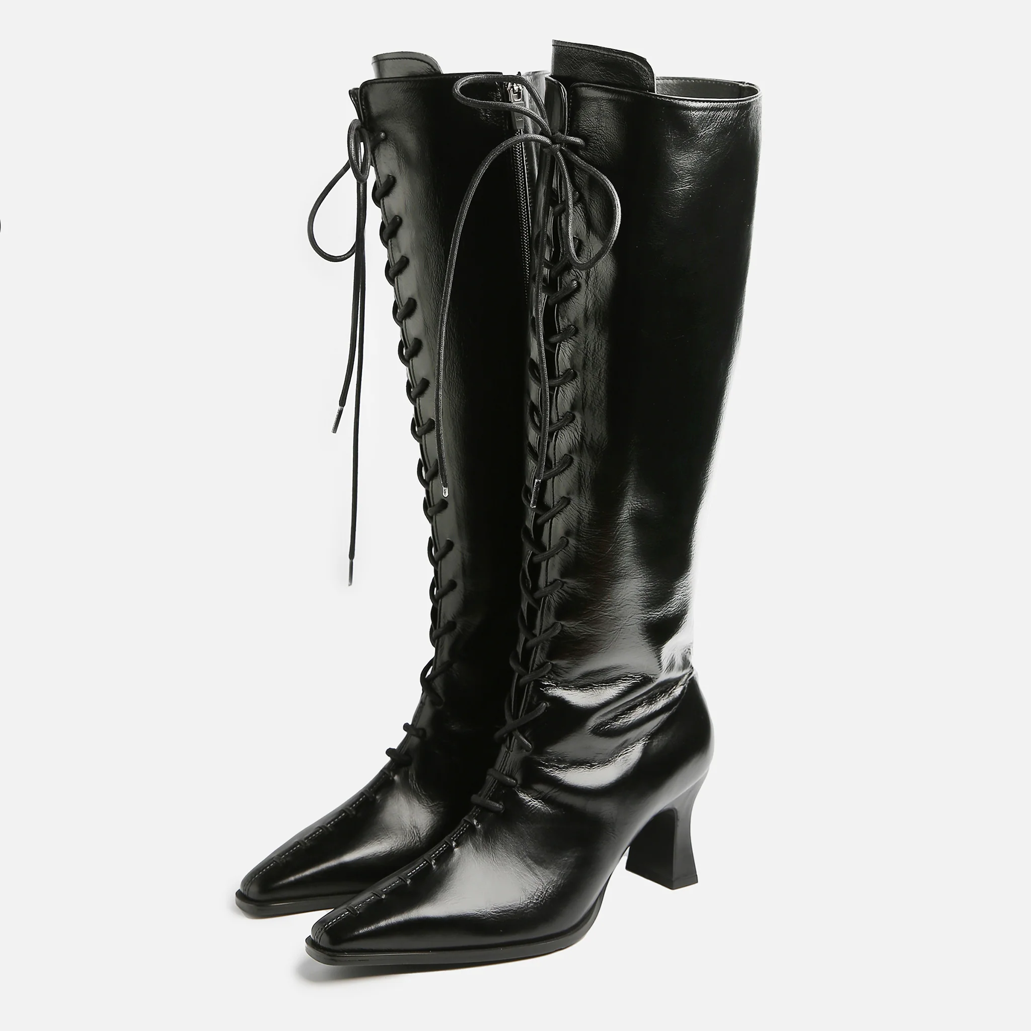 Black Lace-Up Knee-High Leather Boots - Image 2