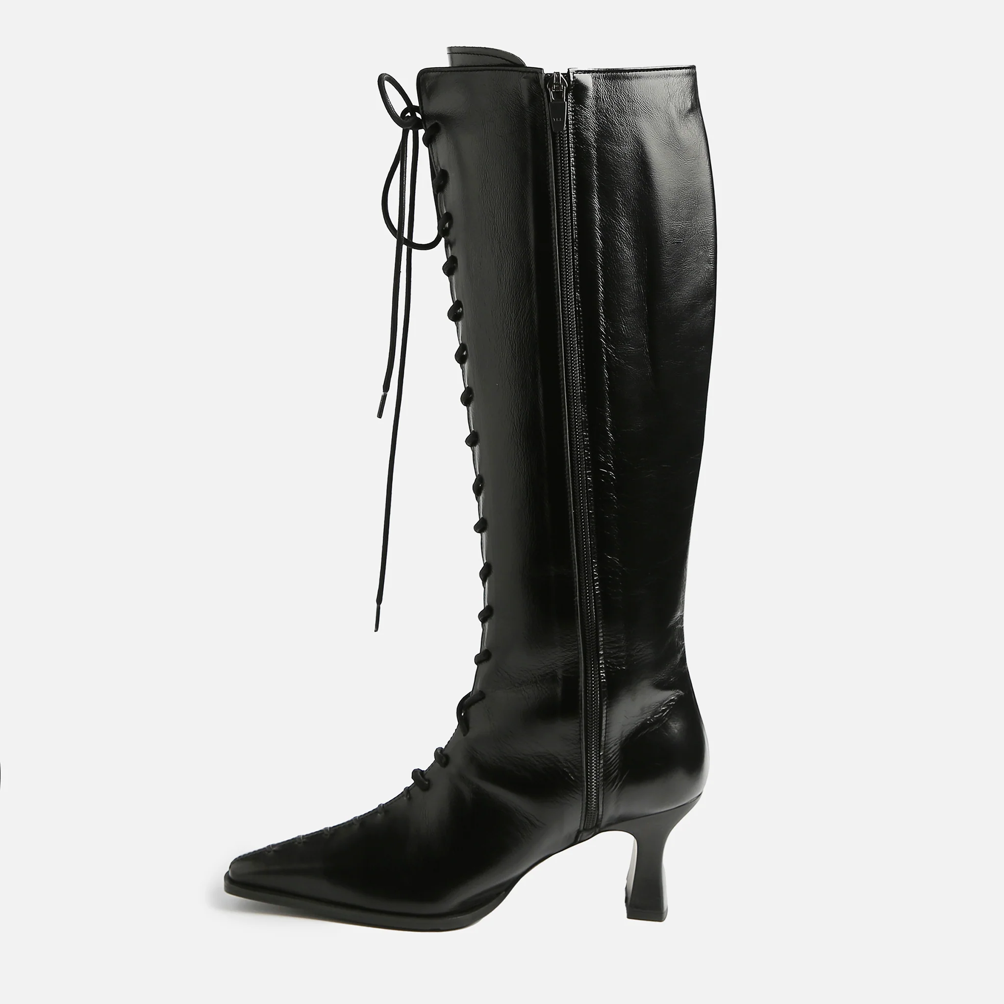 Black Lace-Up Knee-High Leather Boots - Image 3