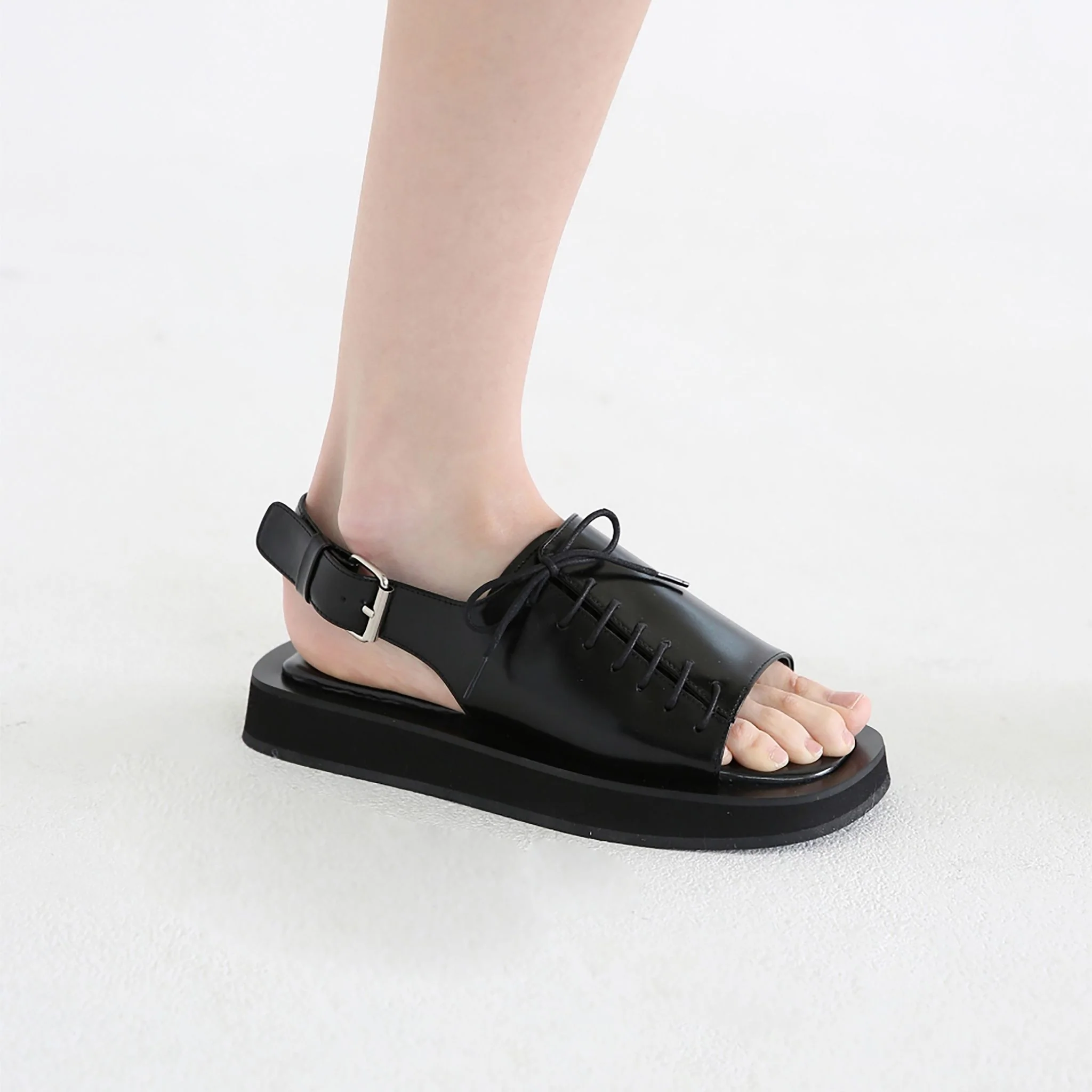 Black Leather Lace‑
Front Slingback Sandals - Image 7