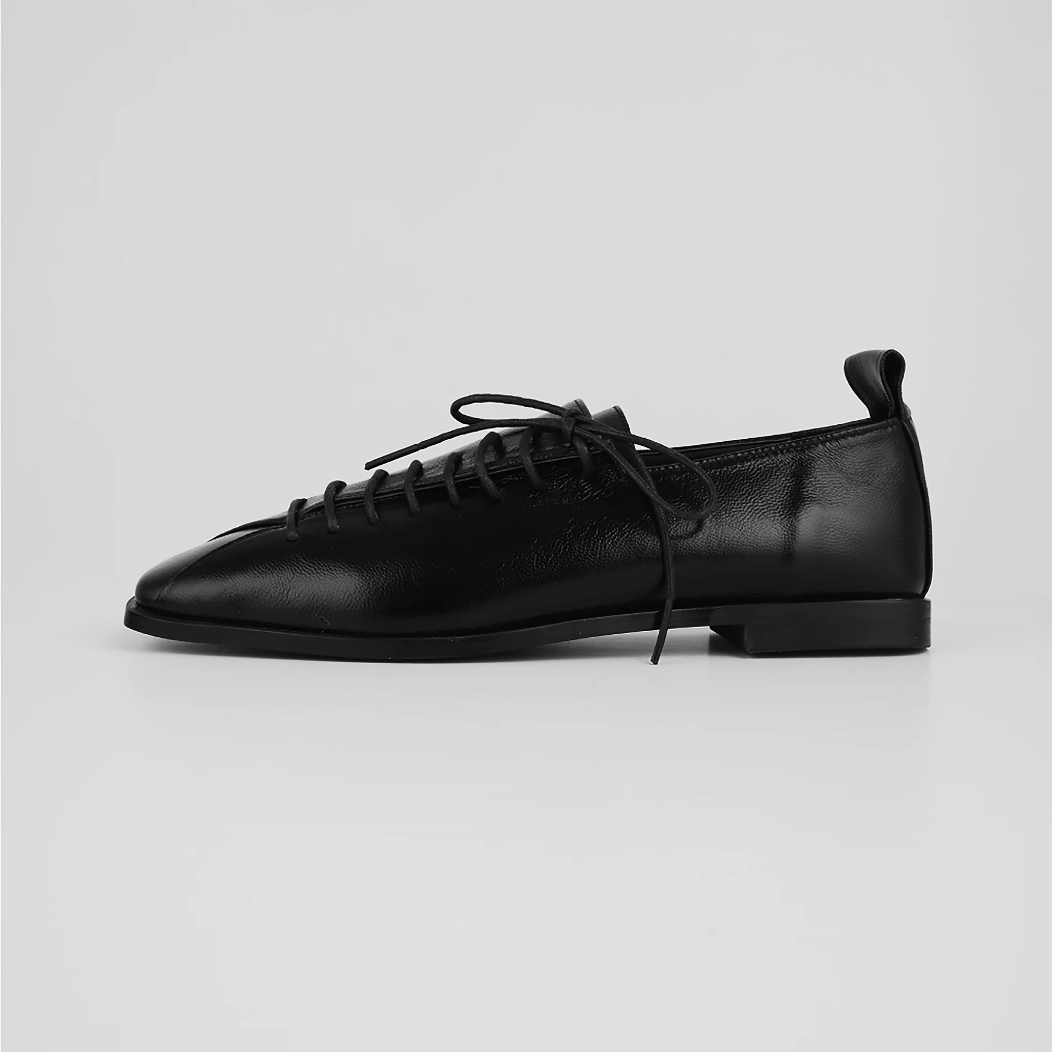 Black Leather Lace-Up Square Toe Shoes with Diagonal Design - Image 5