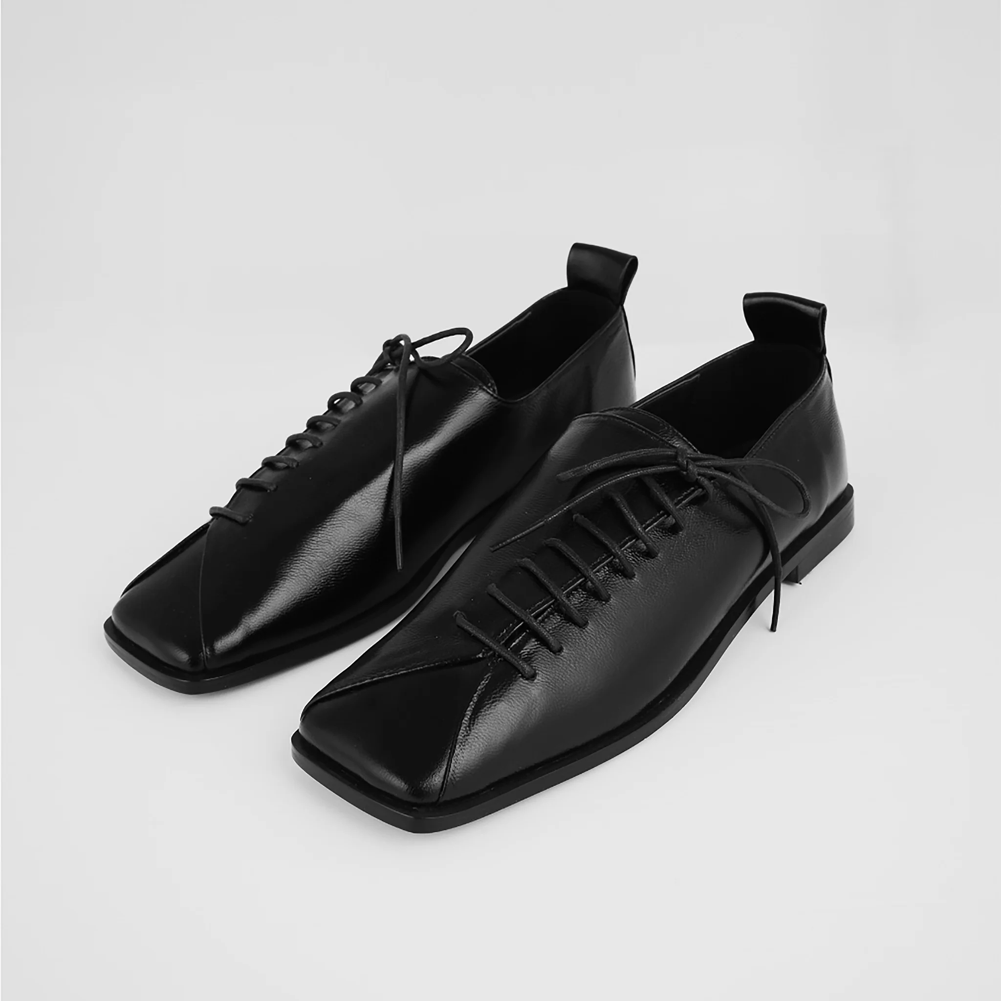 Black Leather Lace-Up Square Toe Shoes with Diagonal Design - Image 6