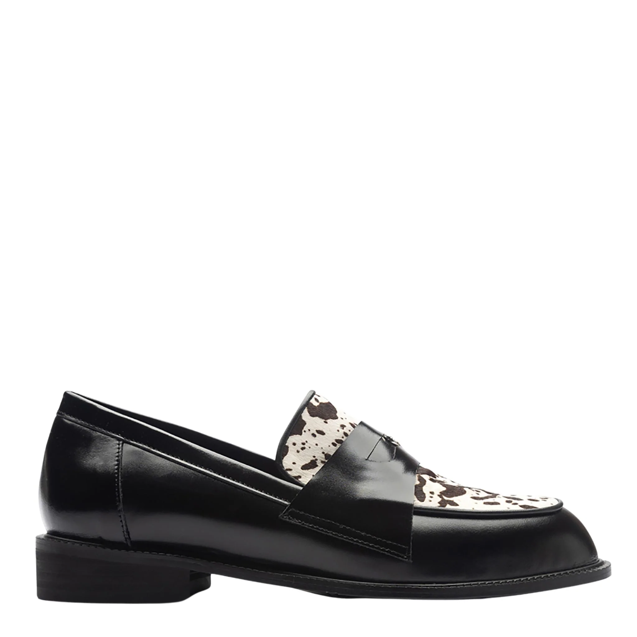 Black Leather Loafers with
Cowhide Print Vamp