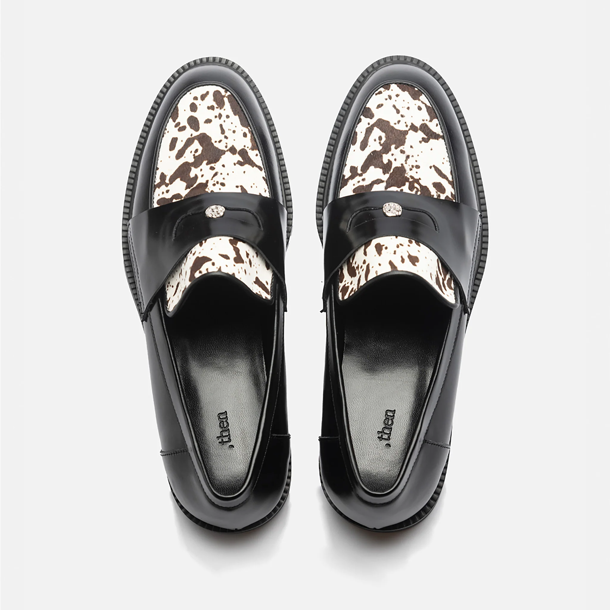 Black Leather Loafers with
Cowhide Print Vamp - Image 2