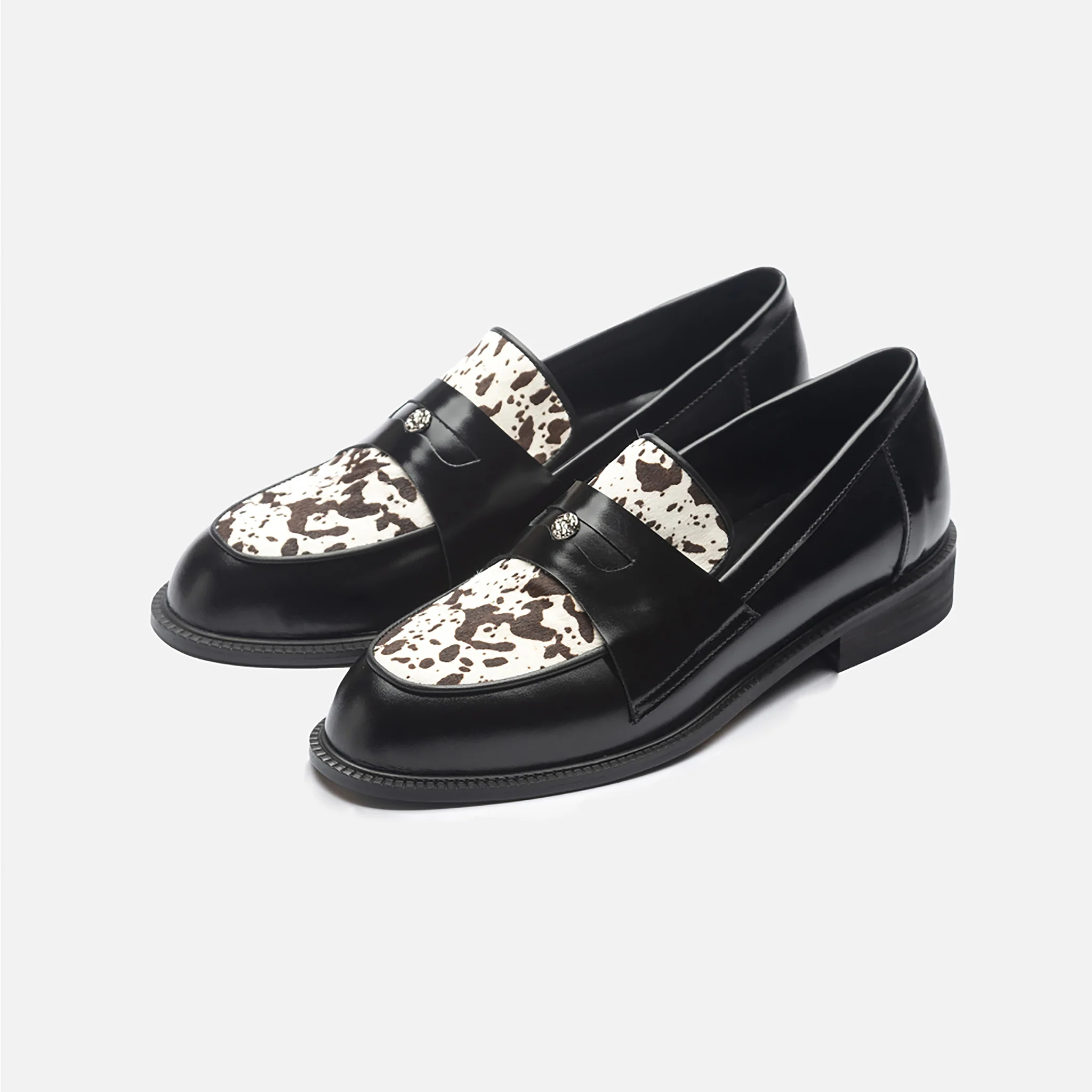 Black Leather Loafers with
Cowhide Print Vamp - Image 3